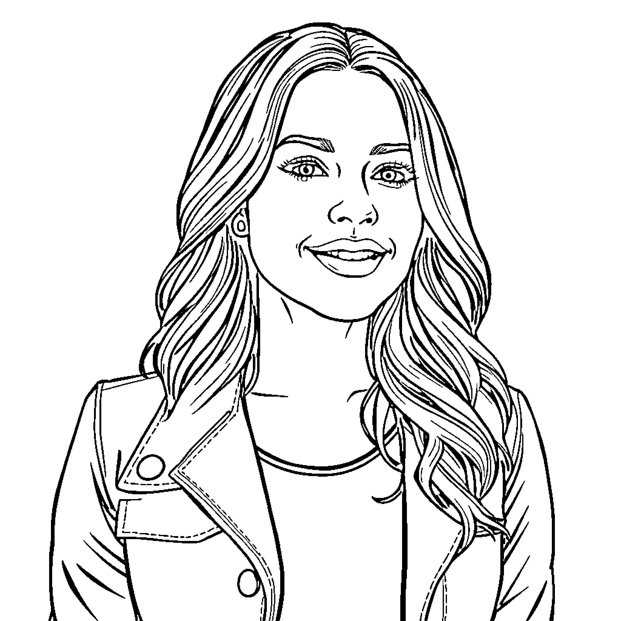 Hallie Steinfield in casual outfit with wavy hair Coloring Page (free black-and-white line drawing printable PDF for all, from beginners to advanced learners, including children, teens, adults, and seniors)