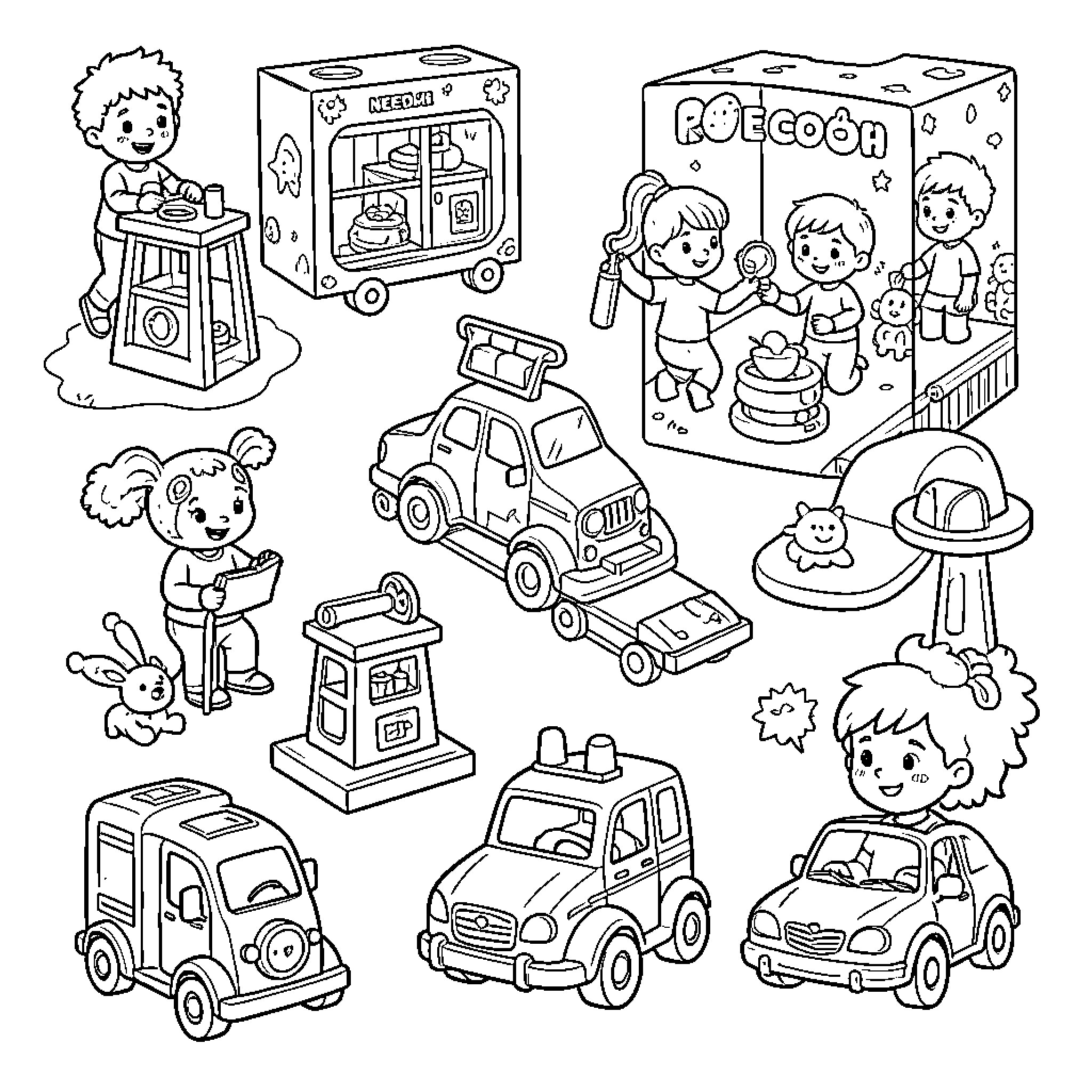 Needoh children playing with various toys and vehicles Coloring Page (free black-and-white line drawing printable PDF for all, from beginners to advanced learners, including children, teens, adults, and seniors)