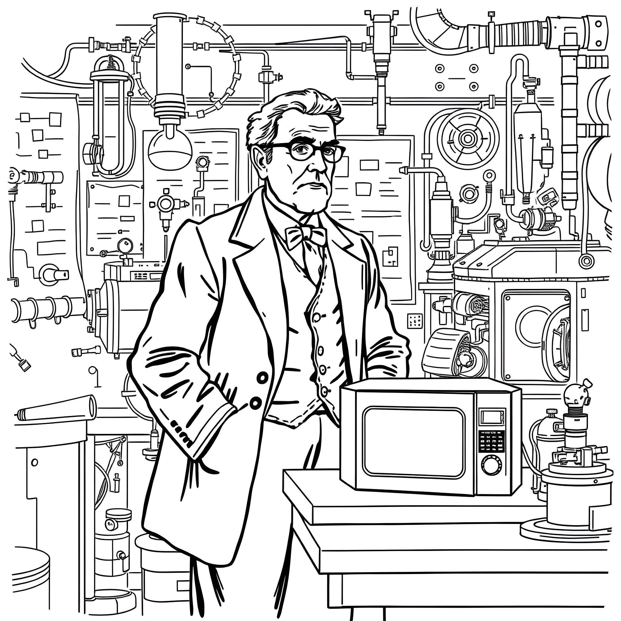 Percy Spencer's Pioneering Inventions and Innovations Coloring Page (free black-and-white line drawing printable PDF for all, from beginners to advanced learners, including children, teens, adults, and seniors)