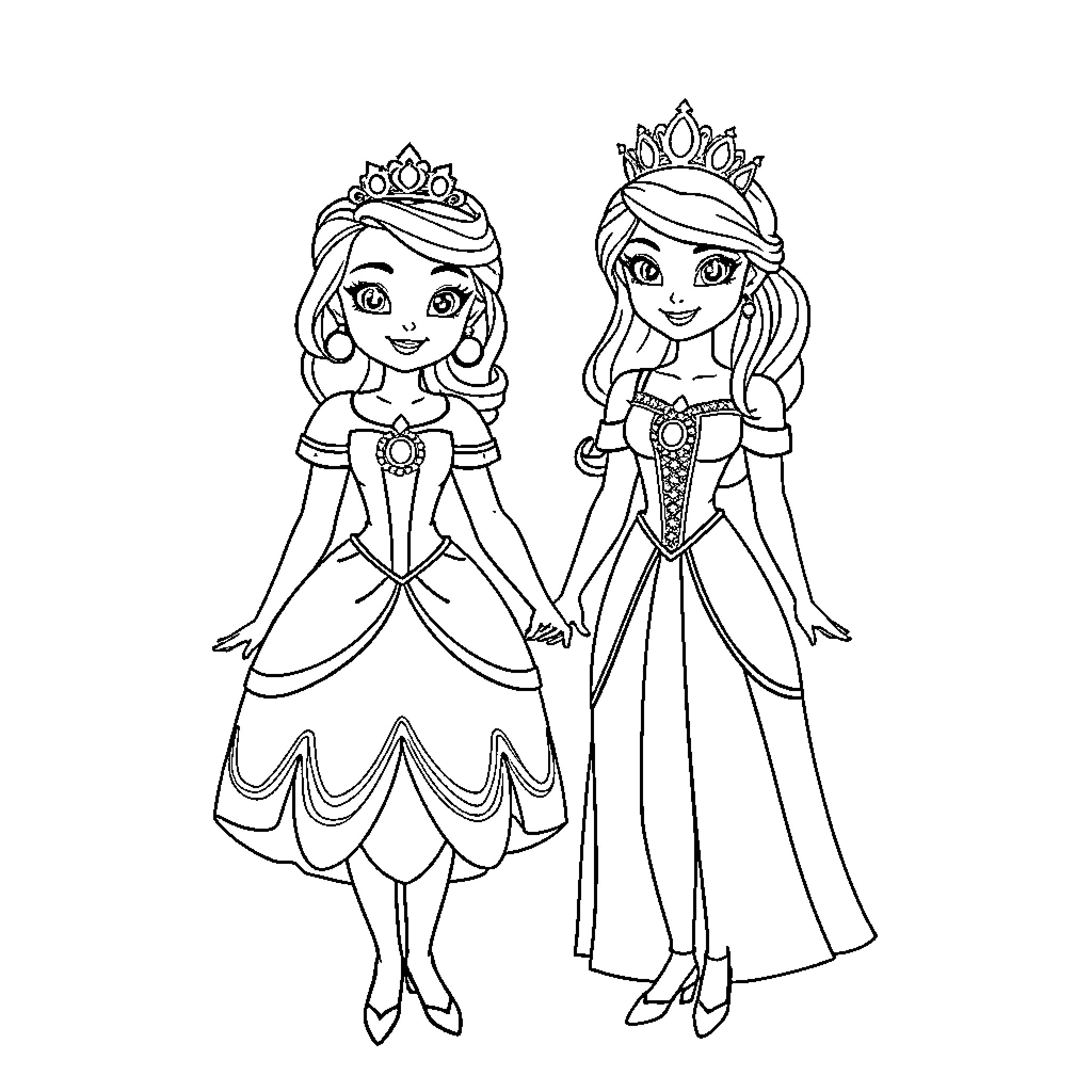 Princess Duo in Elegant Attire and Crowns Coloring Page (free black-and-white line drawing printable PDF for all, from beginners to advanced learners, including children, teens, adults, and seniors)
