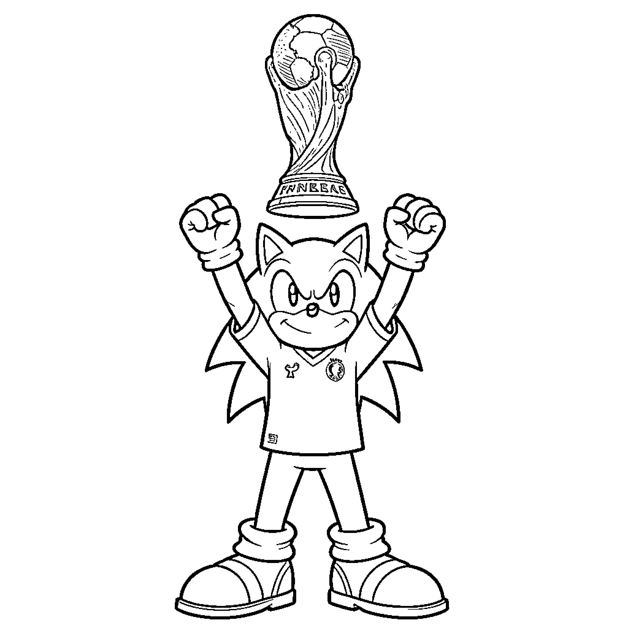 Sonic character celebrating triumphantly with a trophy Coloring Page (free black-and-white line drawing printable PDF for all, from beginners to advanced learners, including children, teens, adults, and seniors)