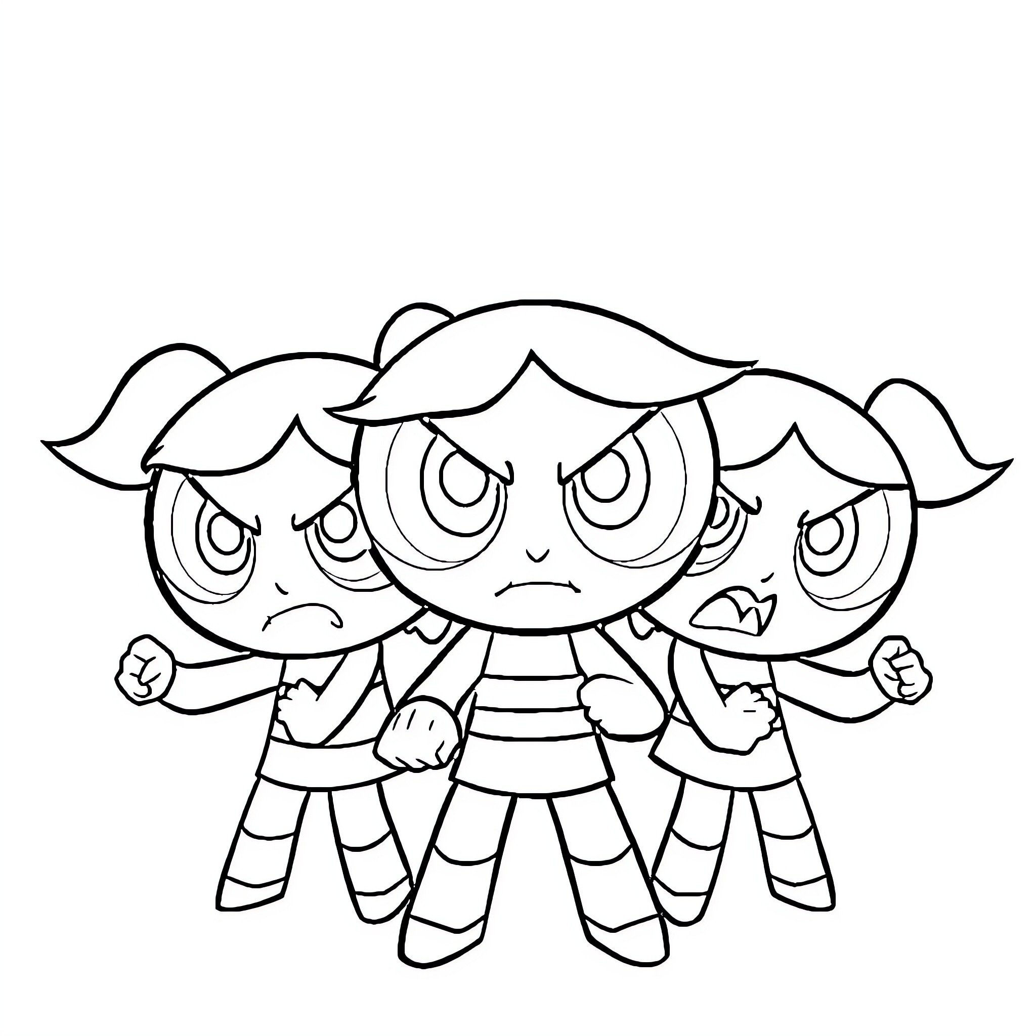 Powerpuff Girls in Angry Expressions Coloring Page (free black-and-white line drawing printable PDF for all, from beginners to advanced learners, including children, teens, adults, and seniors)