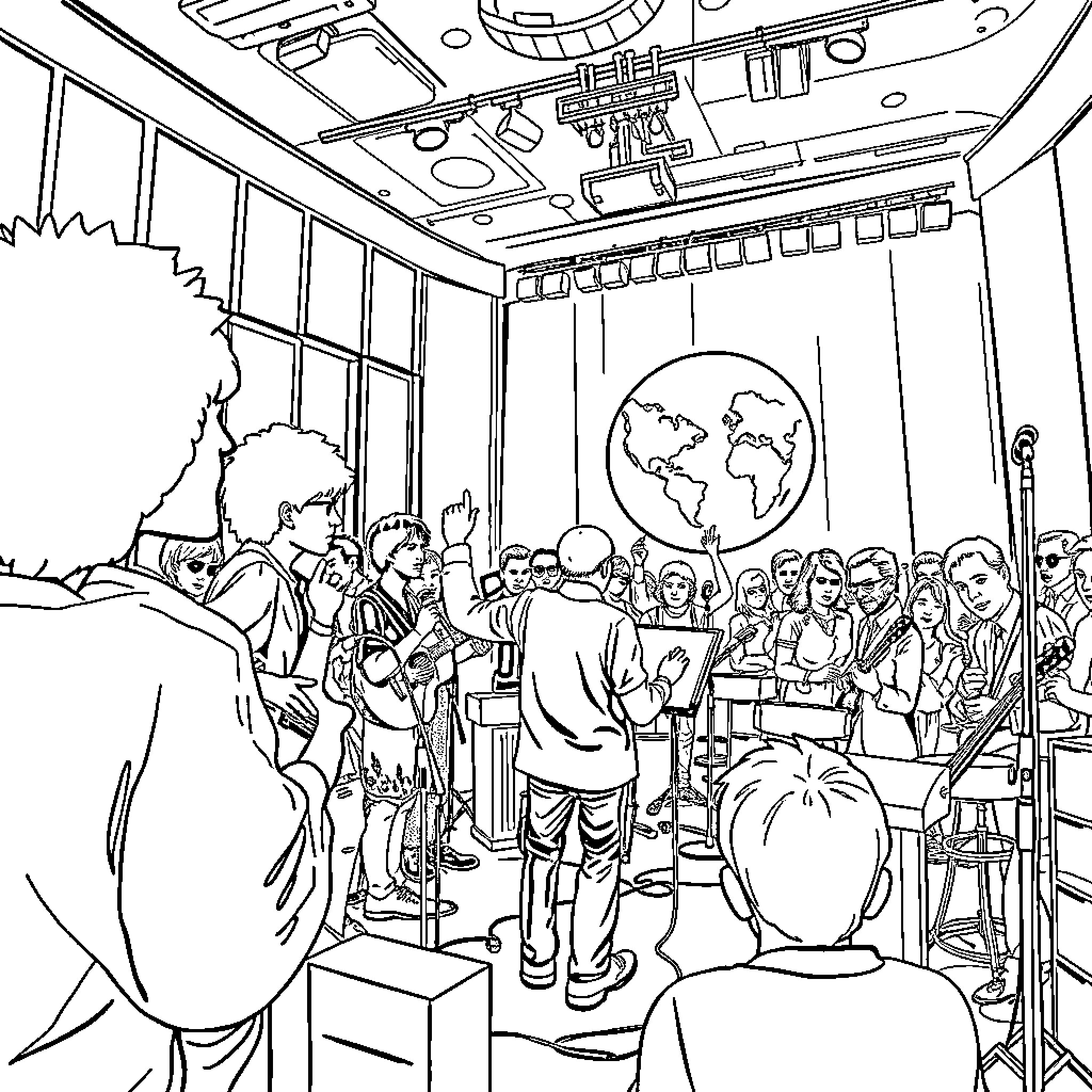 World Leaders Discussing Global Issues in Conference Room Coloring Page (free black-and-white line drawing printable PDF for all, from beginners to advanced learners, including children, teens, adults, and seniors)