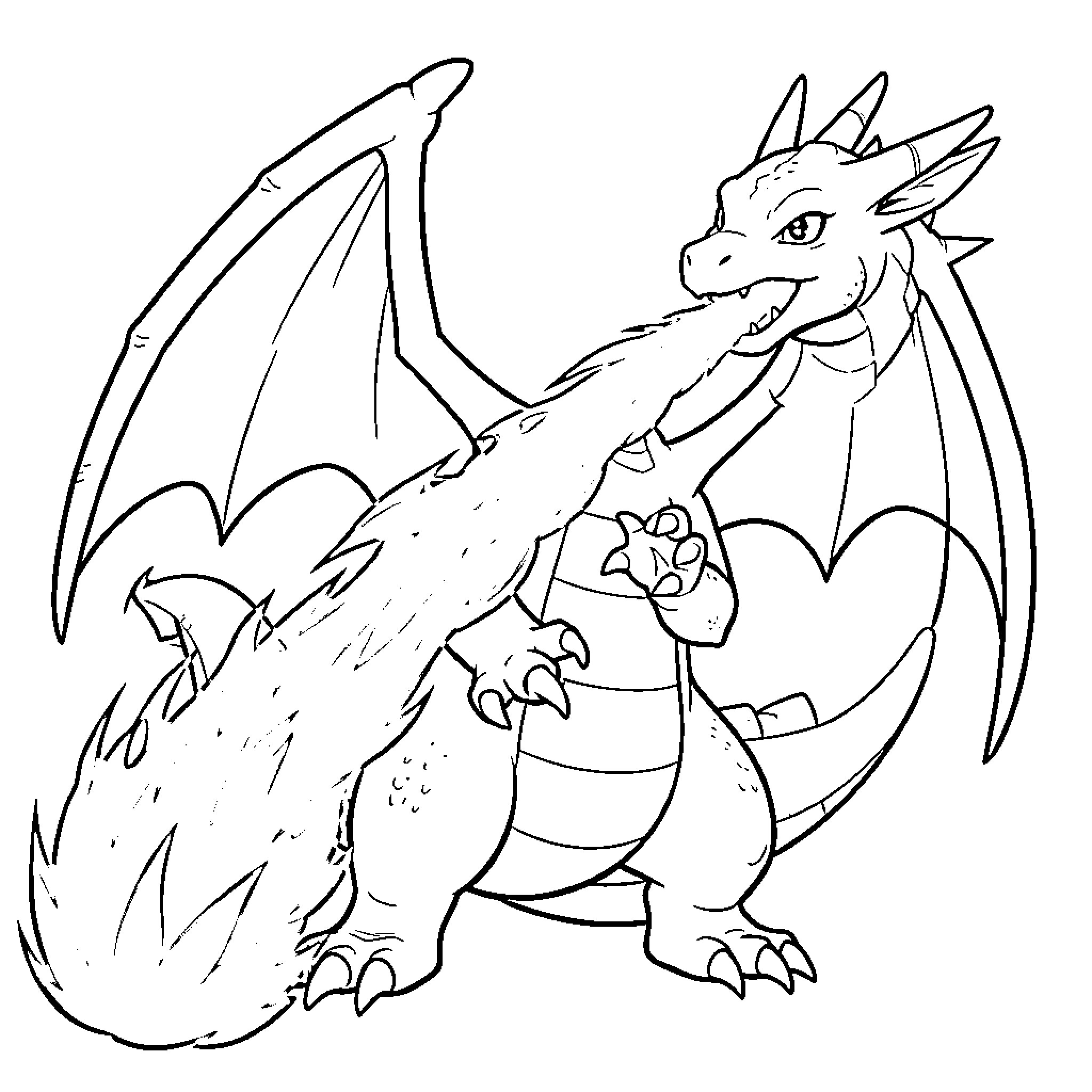 Charizard dragon breathing fire Coloring Page (free black-and-white line drawing printable PDF for all, from beginners to advanced learners, including children, teens, adults, and seniors)