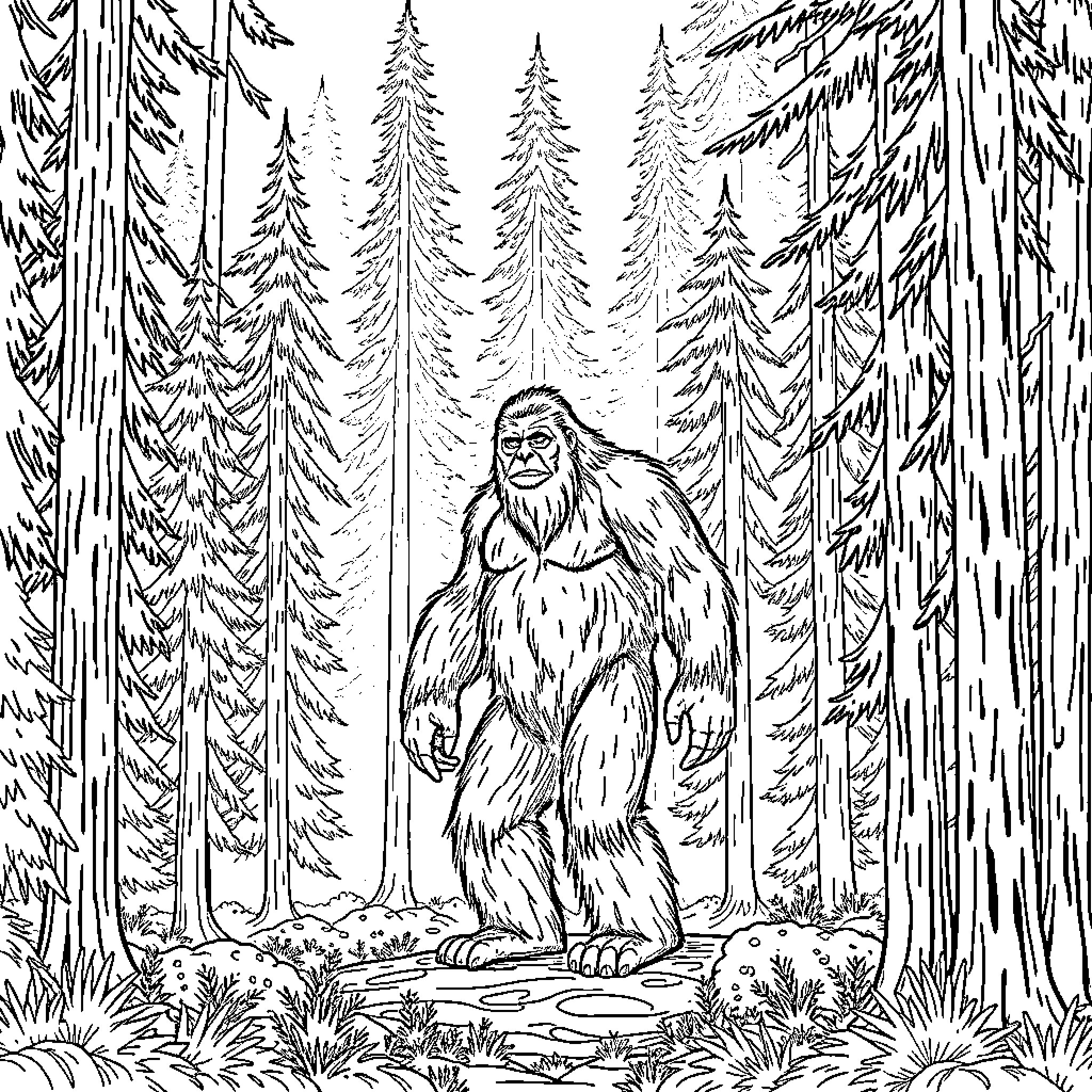 Bigfoot exploring the mysterious forest Coloring Page (free black-and-white line drawing printable PDF for all, from beginners to advanced learners, including children, teens, adults, and seniors)