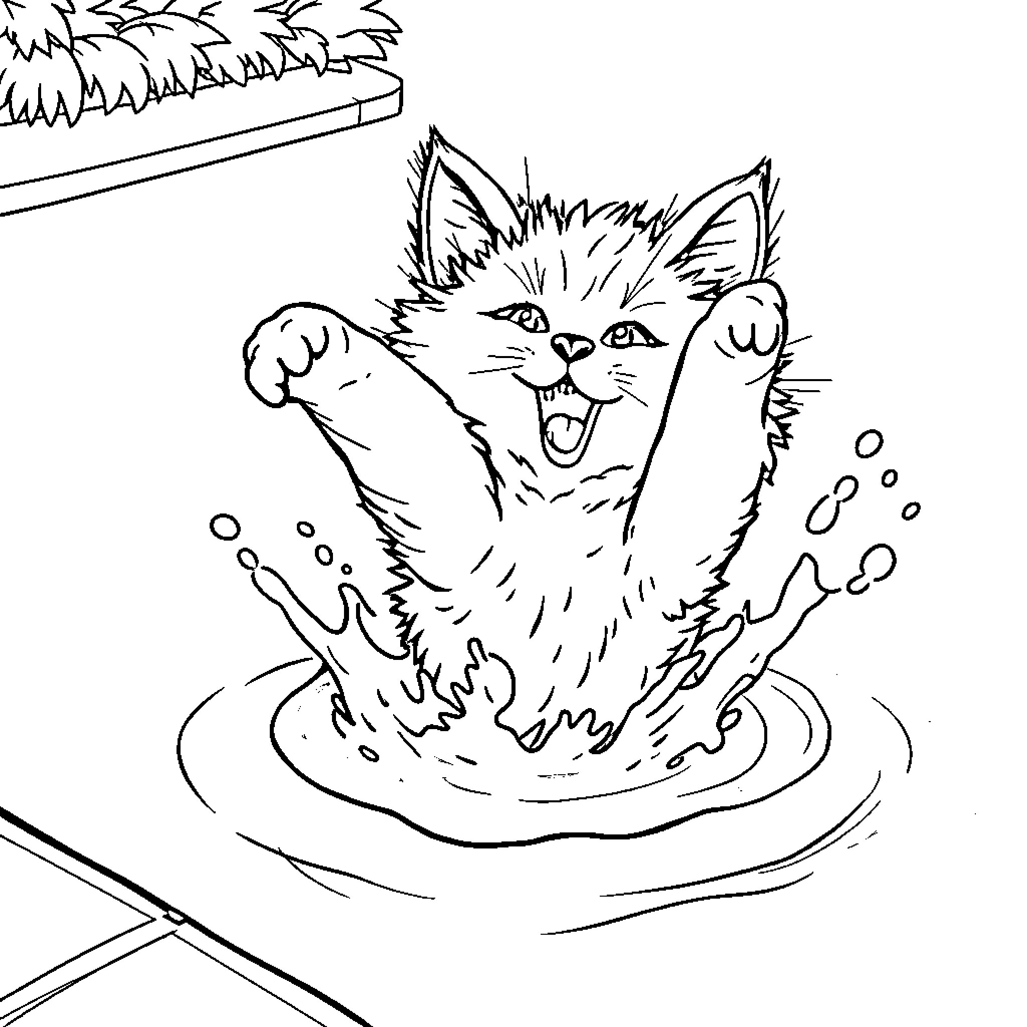 Cat splashing in water bowl Coloring Page (free black-and-white line drawing printable PDF for all, from beginners to advanced learners, including children, teens, adults, and seniors)