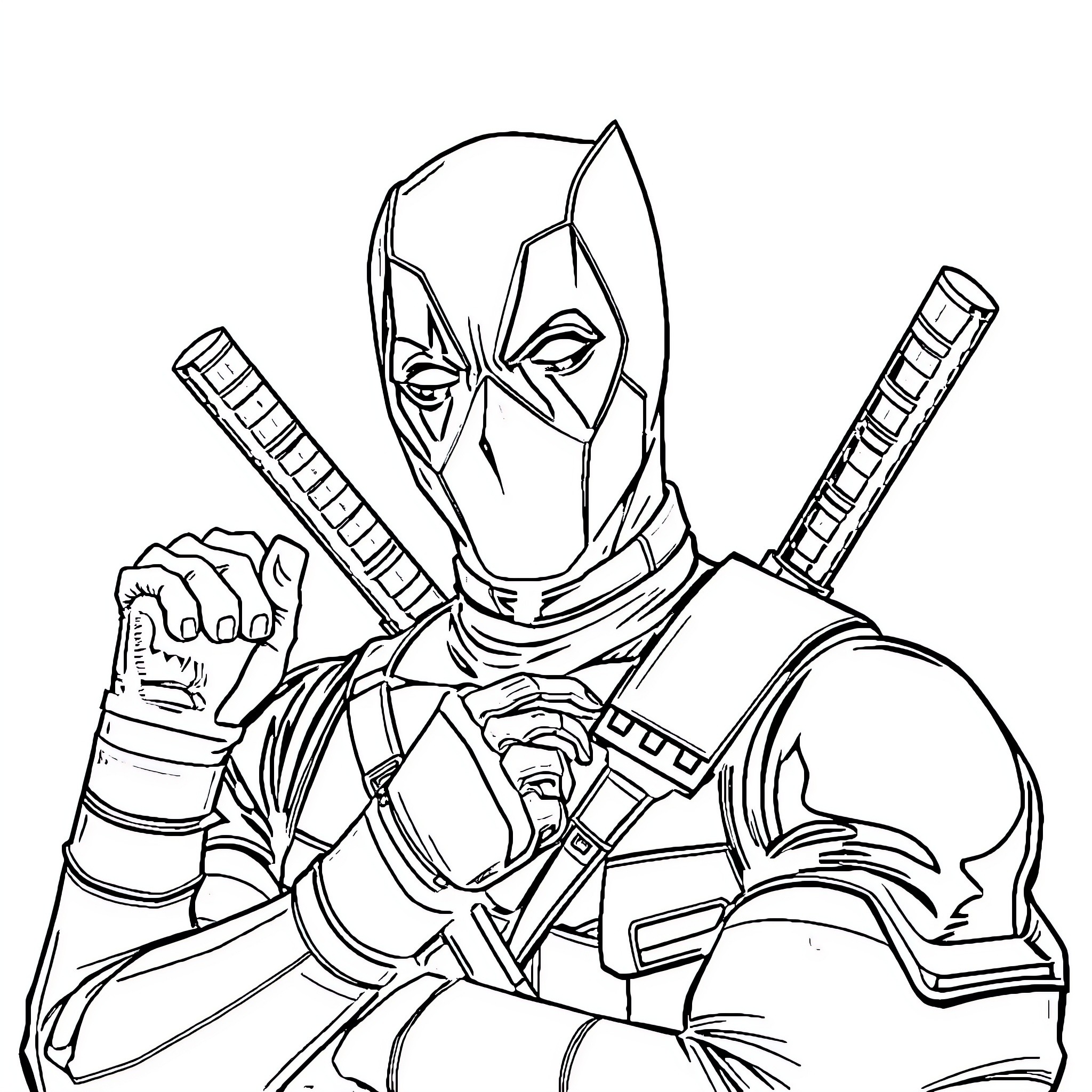 Deadpool posing with weapons and in action-ready stance Coloring Page (free black-and-white line drawing printable PDF for all, from beginners to advanced learners, including children, teens, adults, and seniors)