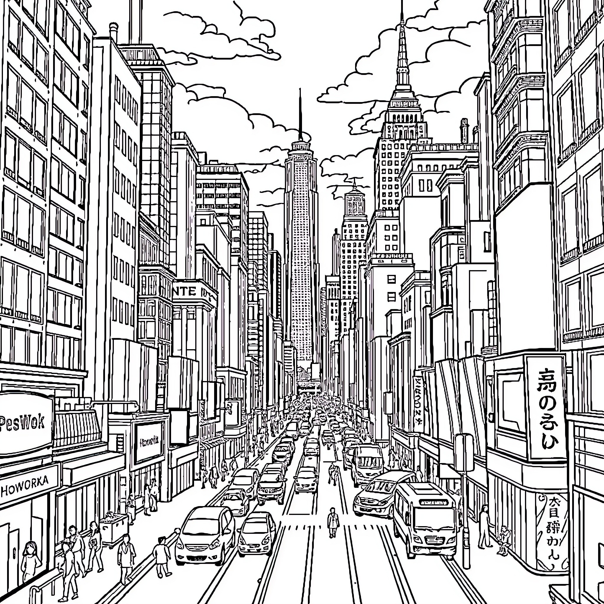 Howorka: Bustling City Scene with Towering Buildings Coloring Page (free black-and-white line drawing printable PDF for all, from beginners to advanced learners, including children, teens, adults, and seniors)