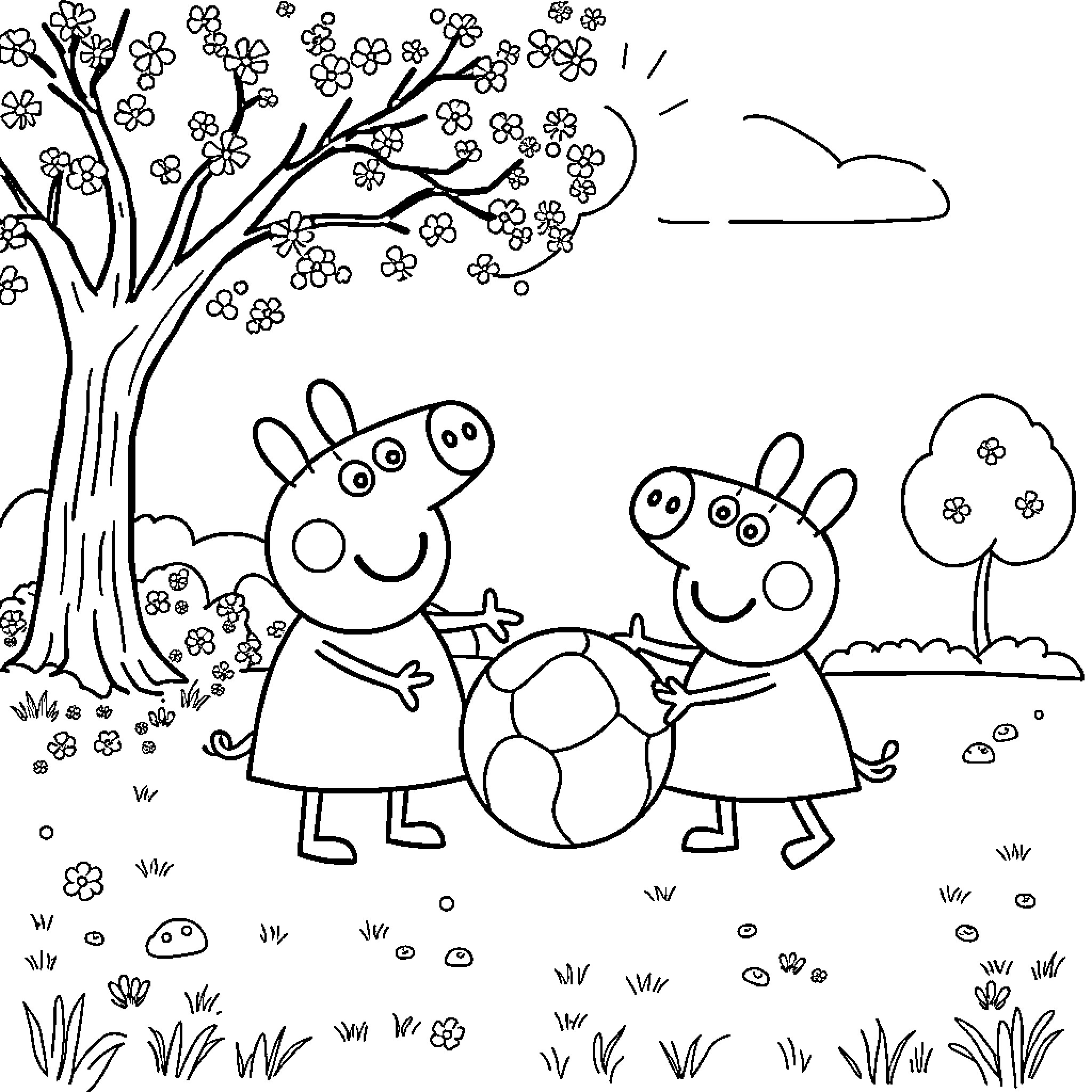 Peppa and George playing in the flower garden Coloring Page (free black-and-white line drawing printable PDF for all, from beginners to advanced learners, including children, teens, adults, and seniors)