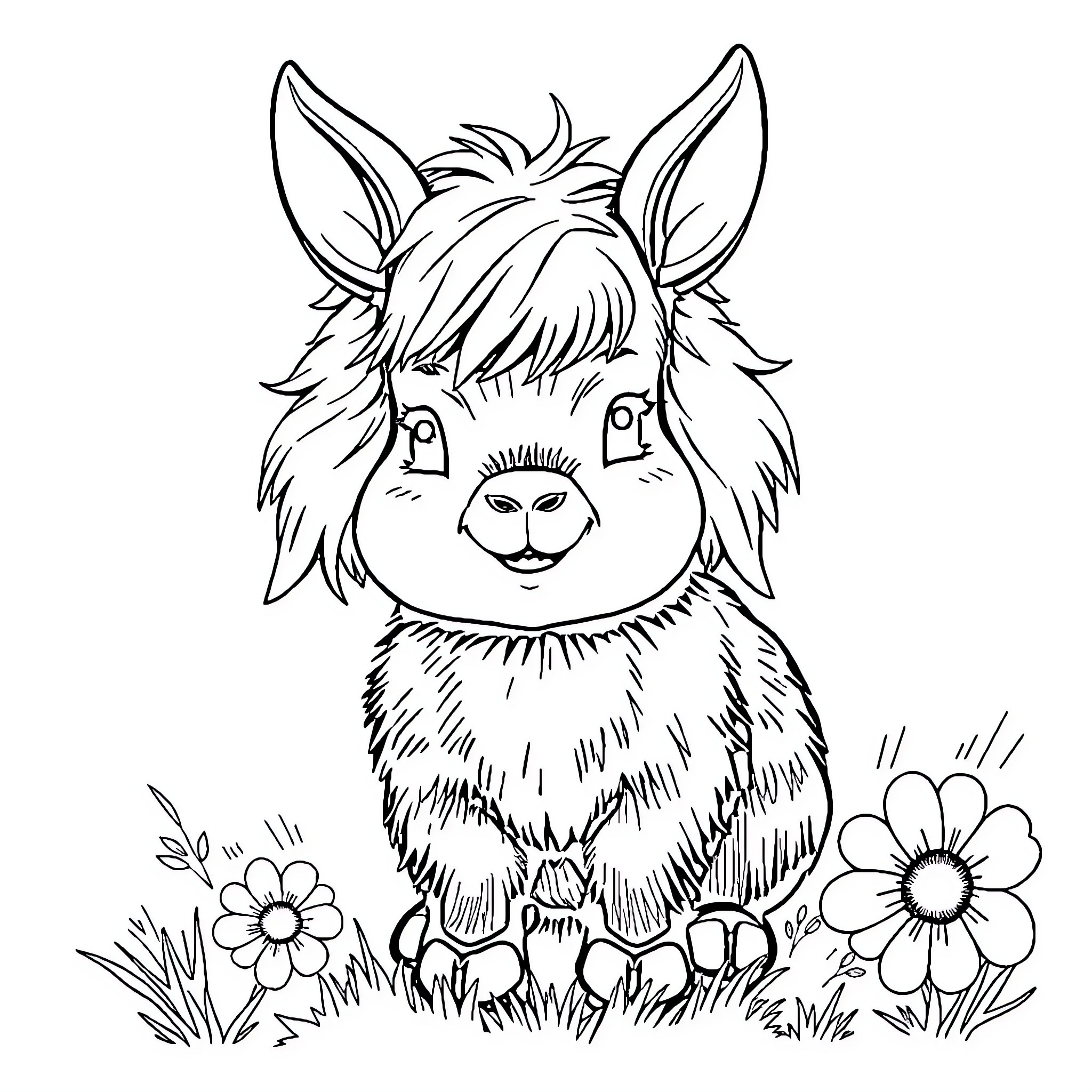 Rabbit sitting amidst flowers and greenery Coloring Page (free black-and-white line drawing printable PDF for all, from beginners to advanced learners, including children, teens, adults, and seniors)