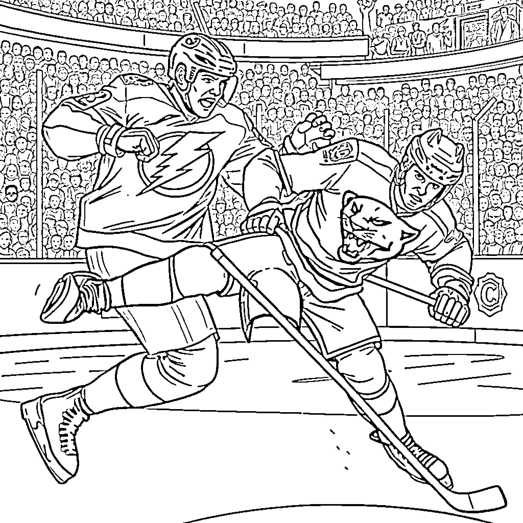 Hockey Players Battling on the Ice Coloring Page (free black-and-white line drawing printable PDF for all, from beginners to advanced learners, including children, teens, adults, and seniors)