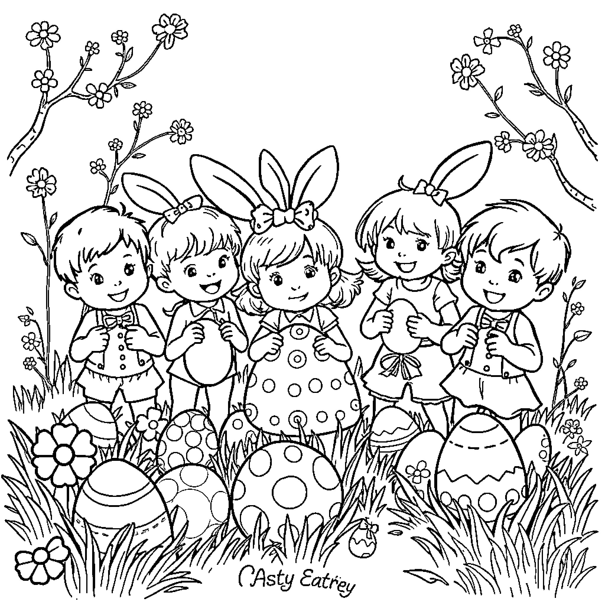 Easter celebration with children in bunny outfits Coloring Page (free black-and-white line drawing printable PDF for all, from beginners to advanced learners, including children, teens, adults, and seniors)