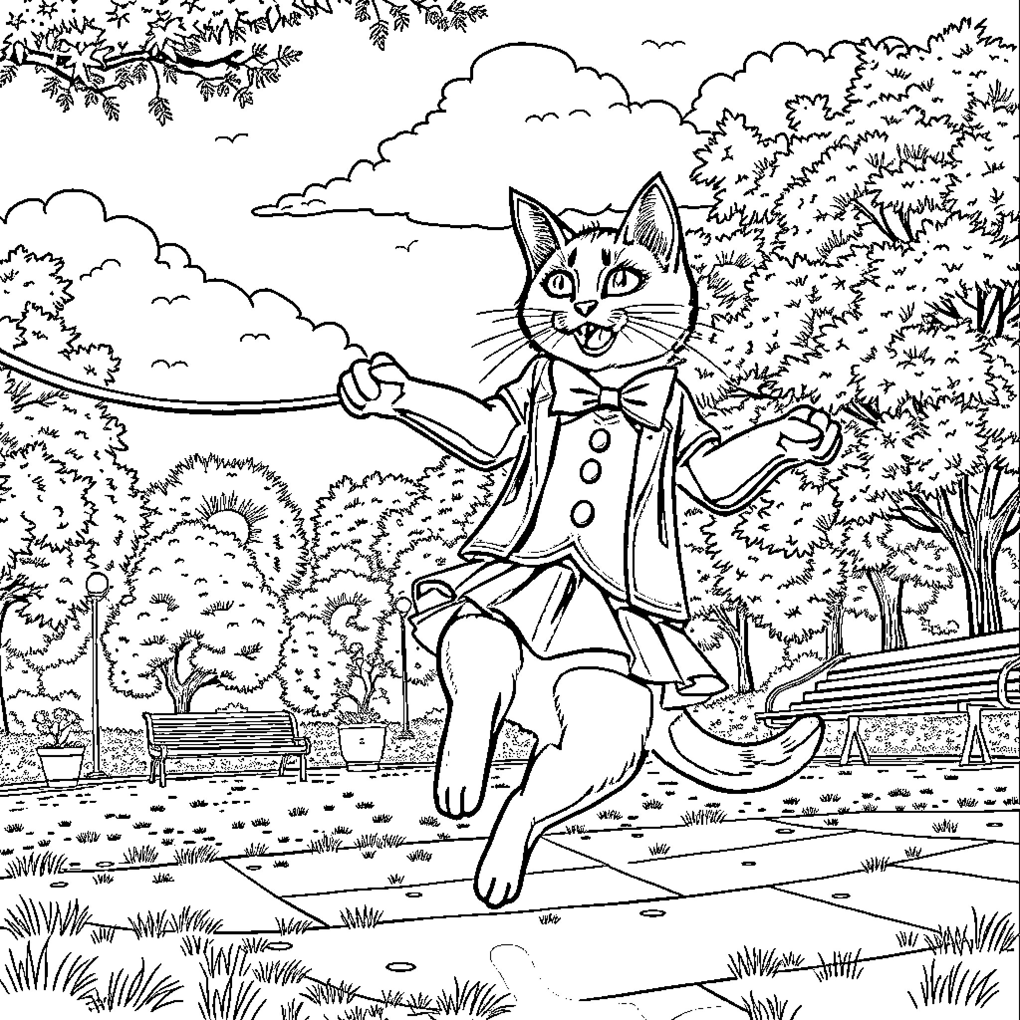 Kitty in a Whimsical Outdoor Adventure Coloring Page (free black-and-white line drawing printable PDF for all, from beginners to advanced learners, including children, teens, adults, and seniors)