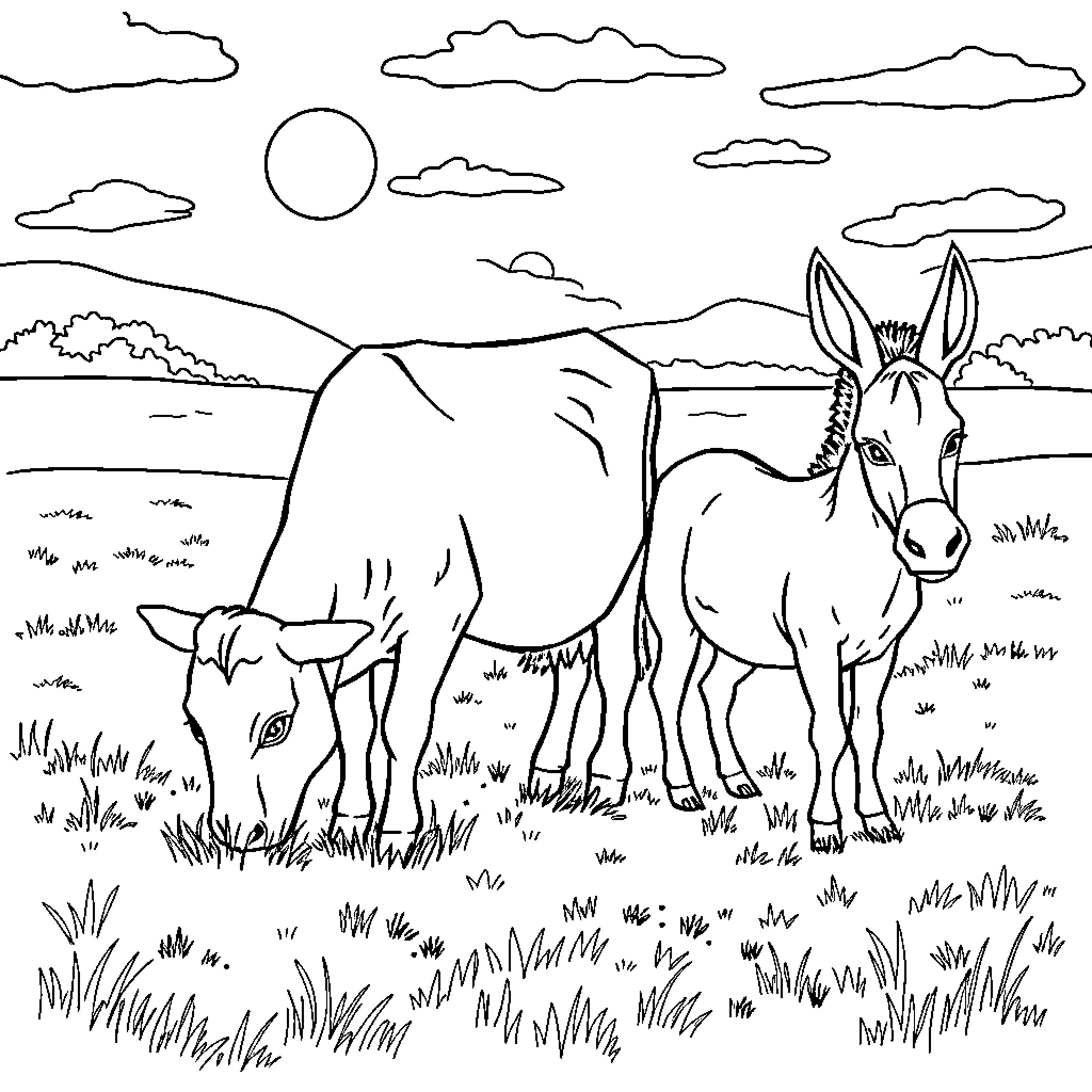 Cow and donkey in pastoral scene Coloring Page (free black-and-white line drawing printable PDF for all, from beginners to advanced learners, including children, teens, adults, and seniors)