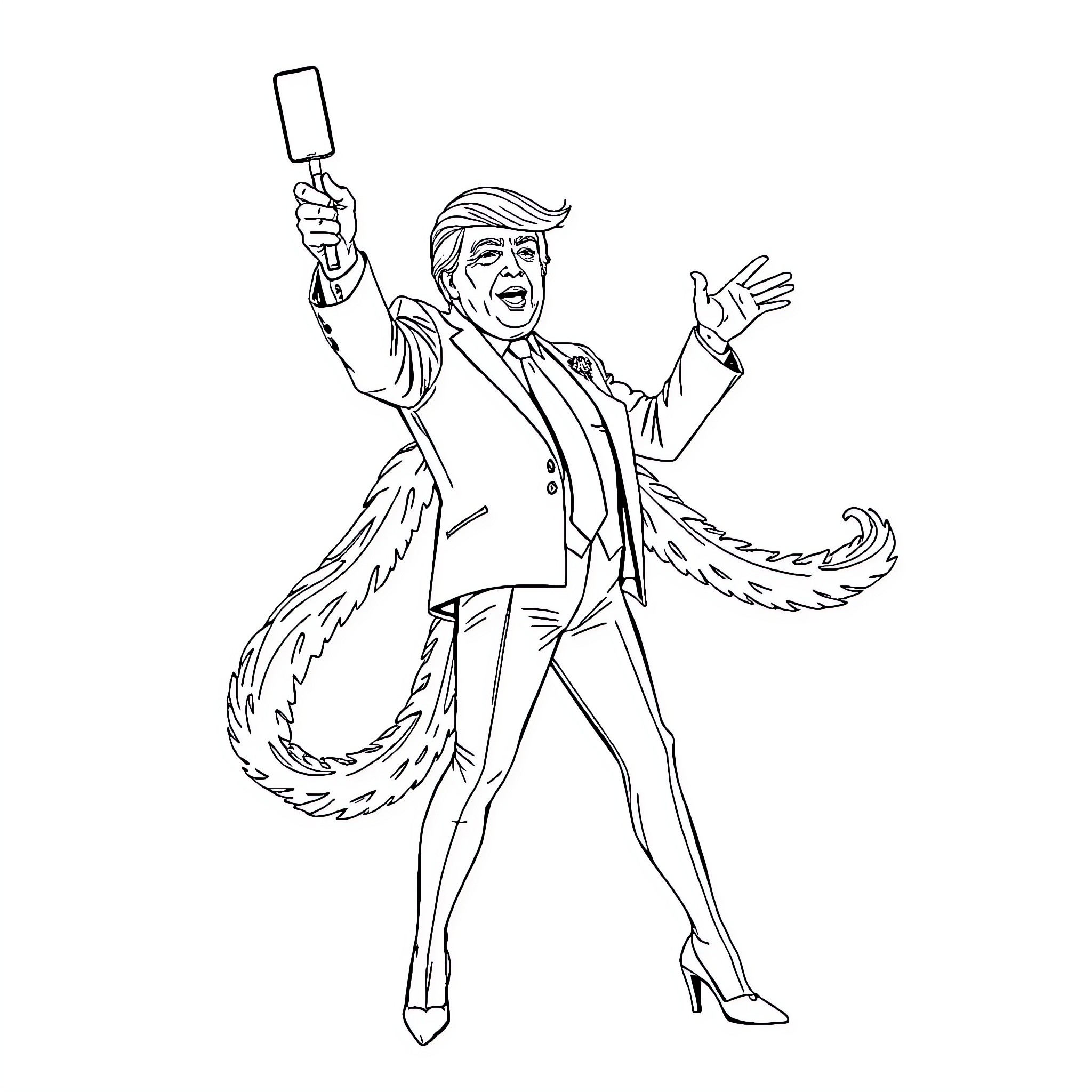 Trump's Flamboyant Antics and Gestures Coloring Page (free black-and-white line drawing printable PDF for all, from beginners to advanced learners, including children, teens, adults, and seniors)