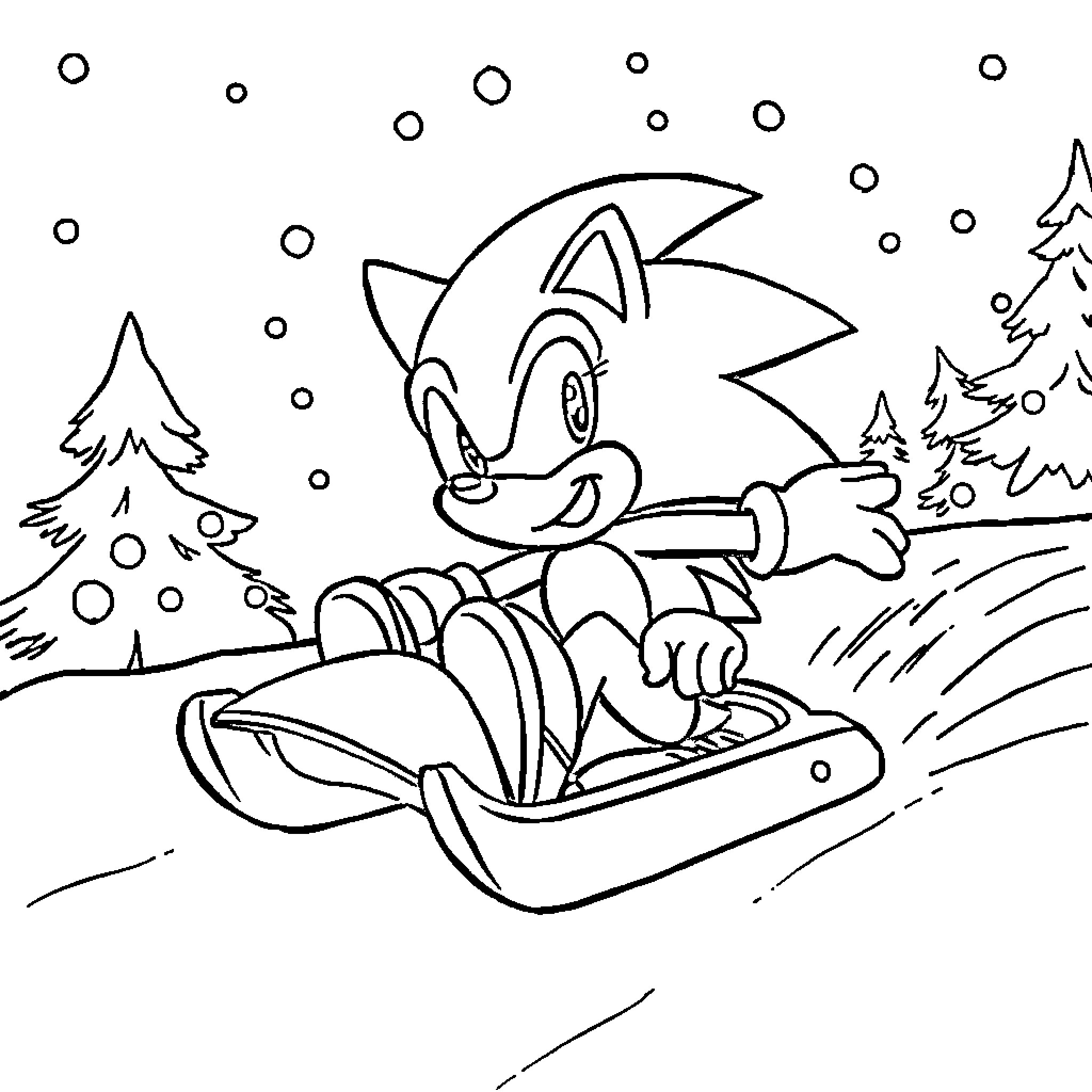 Sonic speeding through a snowy winter landscape Coloring Page (free black-and-white line drawing printable PDF for all, from beginners to advanced learners, including children, teens, adults, and seniors)