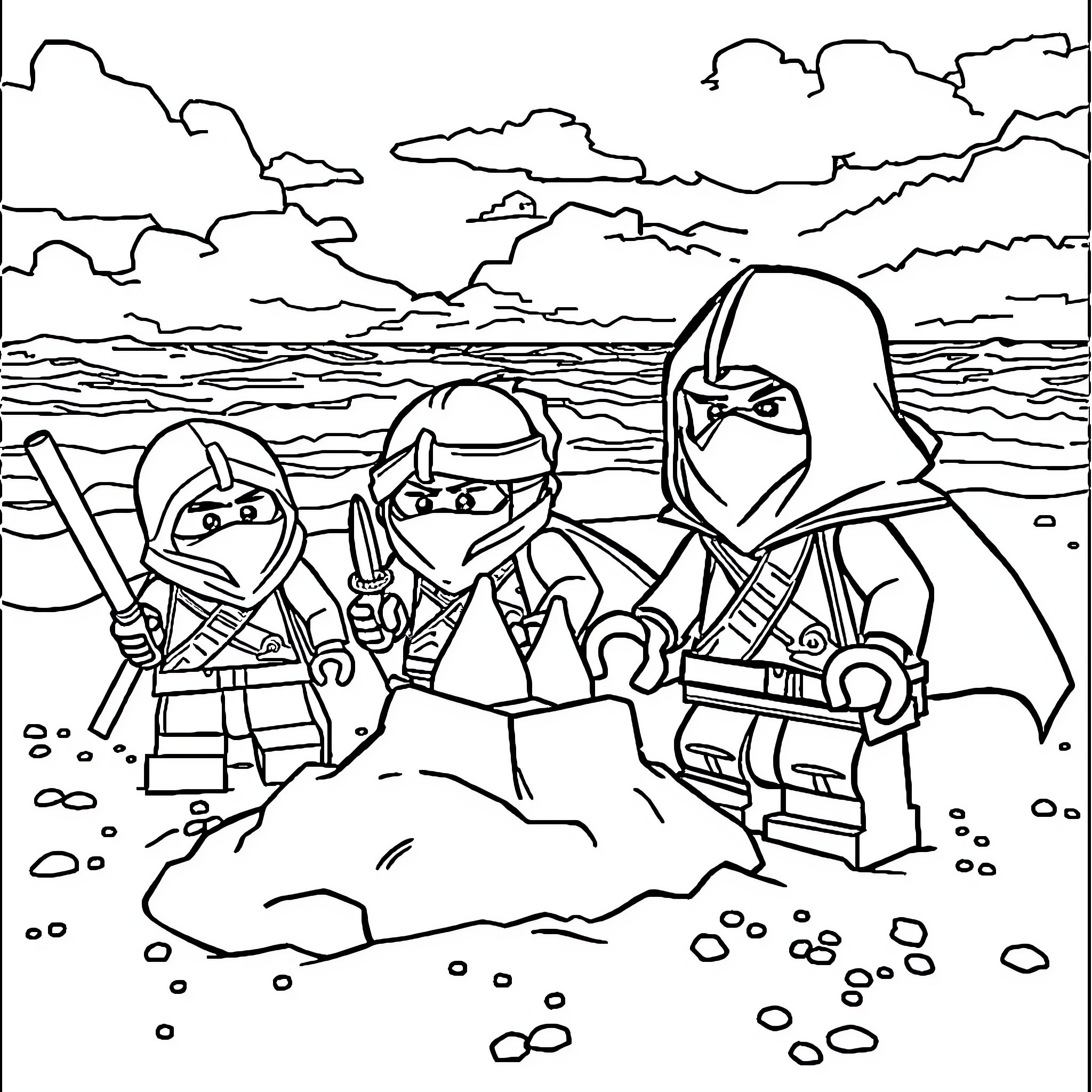 Ninjago warriors in action on the beach Coloring Page (free black-and-white line drawing printable PDF for all, from beginners to advanced learners, including children, teens, adults, and seniors)