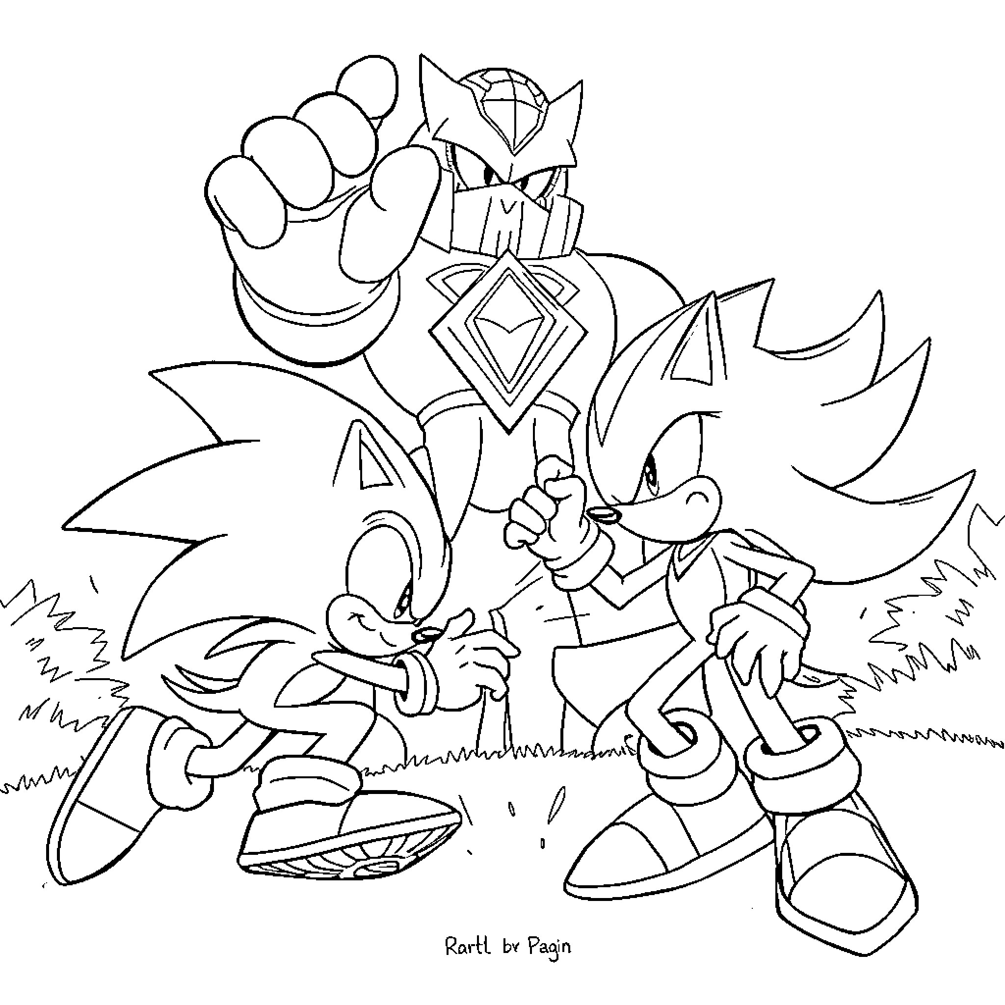 Sonic and friends in an energetic adventure Coloring Page (free black-and-white line drawing printable PDF for all, from beginners to advanced learners, including children, teens, adults, and seniors)