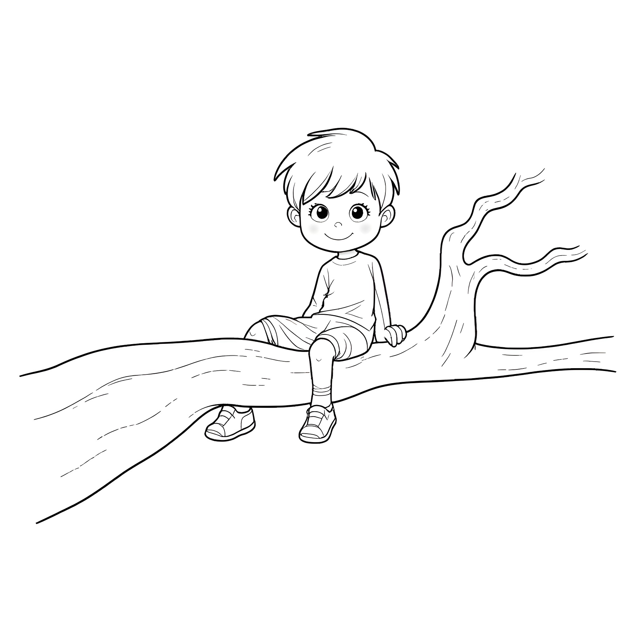 Kid sitting on tree branch in nature Coloring Page (free black-and-white line drawing printable PDF for all, from beginners to advanced learners, including children, teens, adults, and seniors)