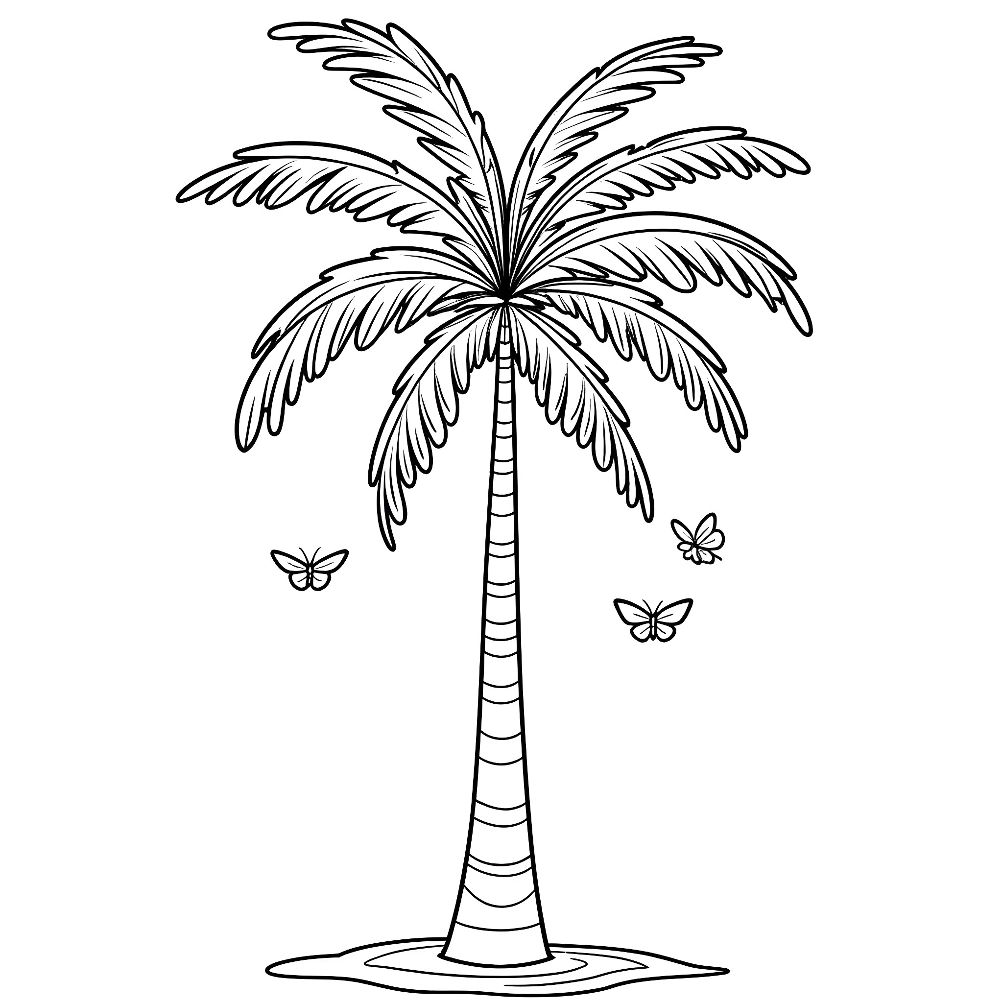 Coconut Tree with Butterflies Coloring Page (free black-and-white line drawing printable PDF for all, from beginners to advanced learners, including children, teens, adults, and seniors)