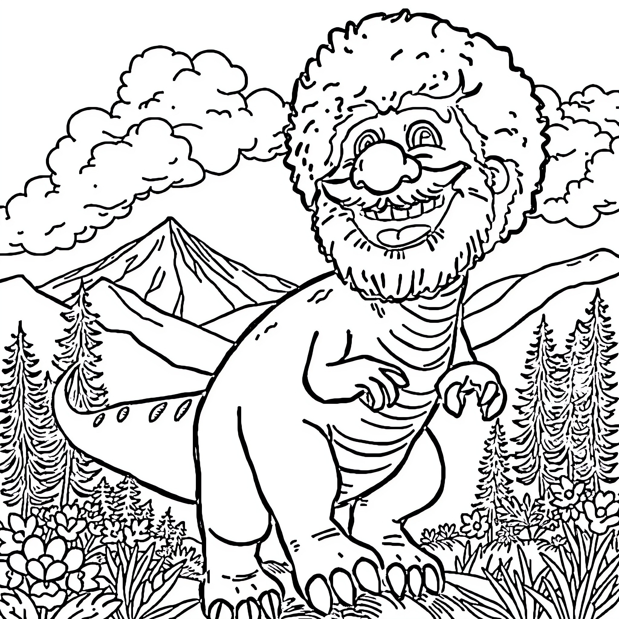 Bob Ross Painting a Whimsical Outdoor Scene Coloring Page (free black-and-white line drawing printable PDF for all, from beginners to advanced learners, including children, teens, adults, and seniors)
