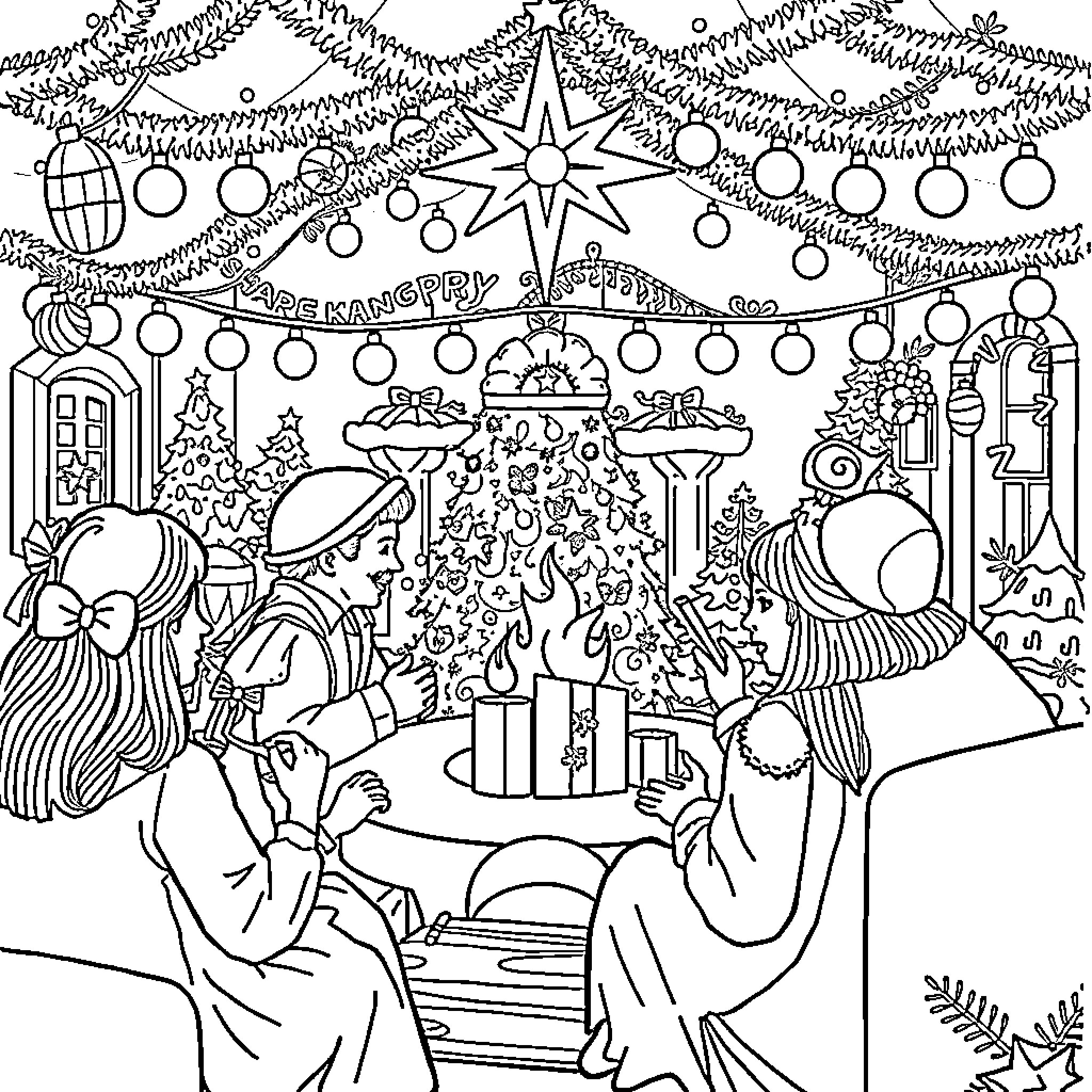 Christmas celebration with festive decor and characters Coloring Page (free black-and-white line drawing printable PDF for all, from beginners to advanced learners, including children, teens, adults, and seniors)