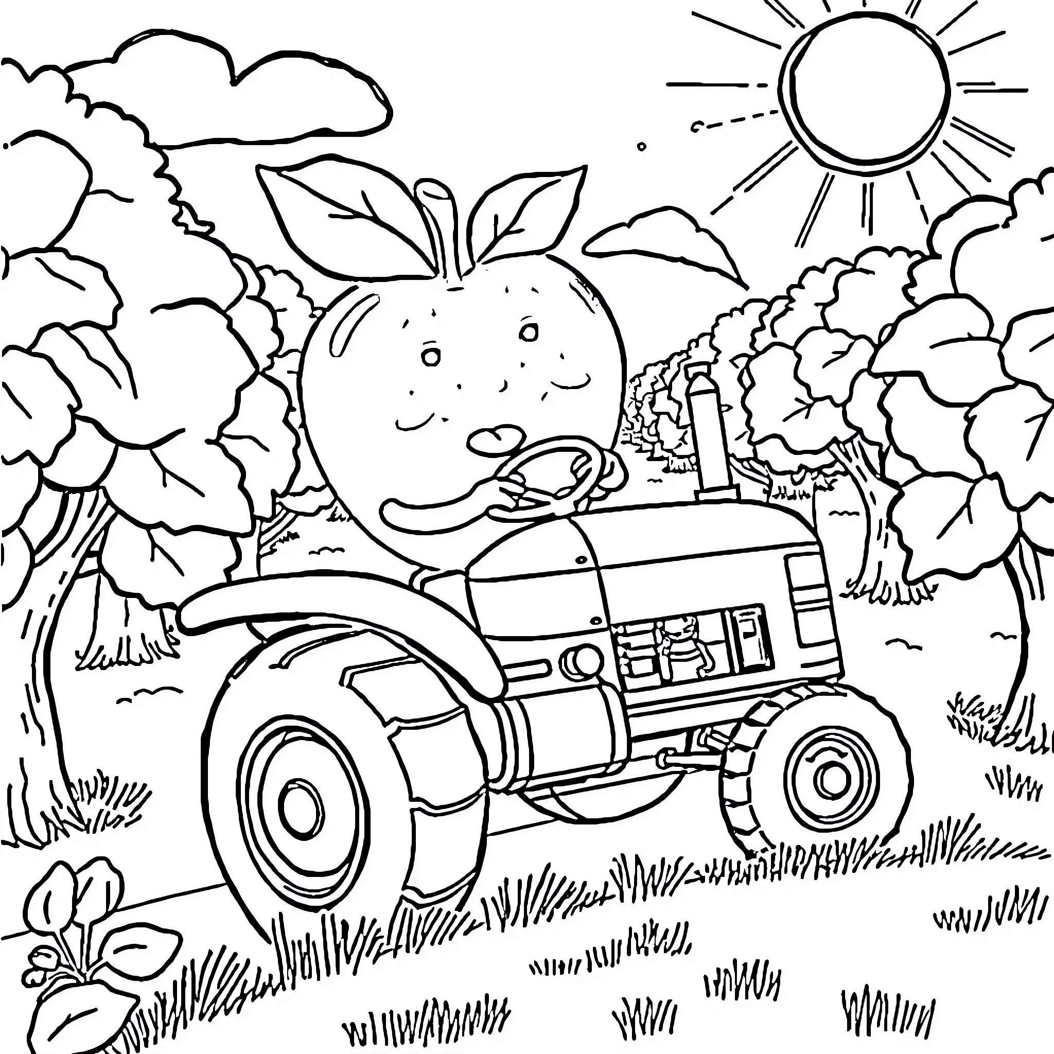 Apple tractor happily driving through rural landscape Coloring Page (free black-and-white line drawing printable PDF for all, from beginners to advanced learners, including children, teens, adults, and seniors)