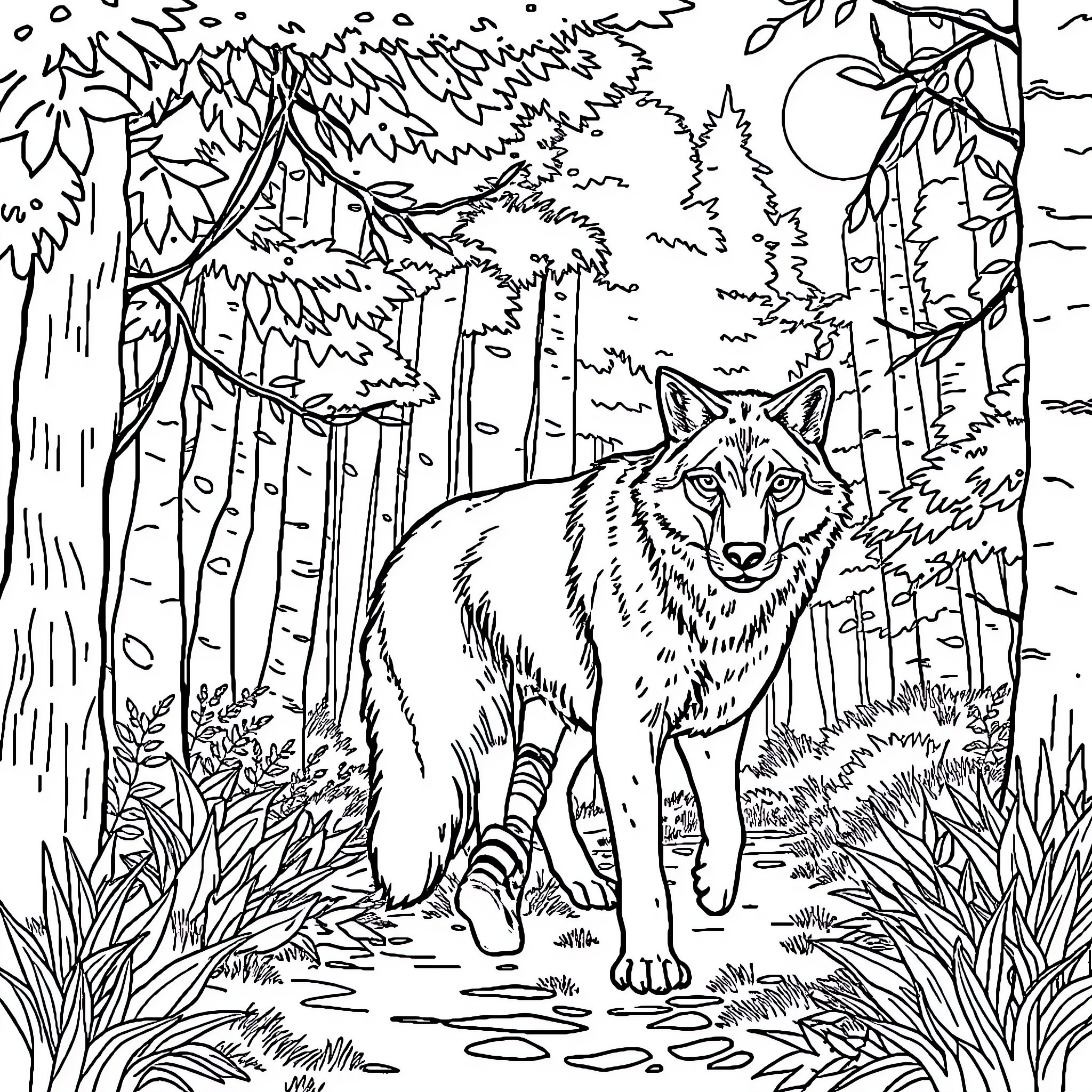 Wolf prowling through enchanted forest Coloring Page (free black-and-white line drawing printable PDF for all, from beginners to advanced learners, including children, teens, adults, and seniors)
