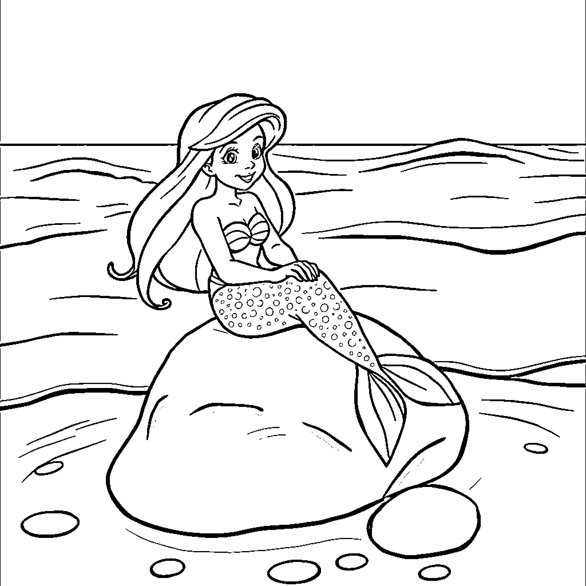 Mermaid resting on the rocky shore Coloring Page (free black-and-white line drawing printable PDF for all, from beginners to advanced learners, including children, teens, adults, and seniors)