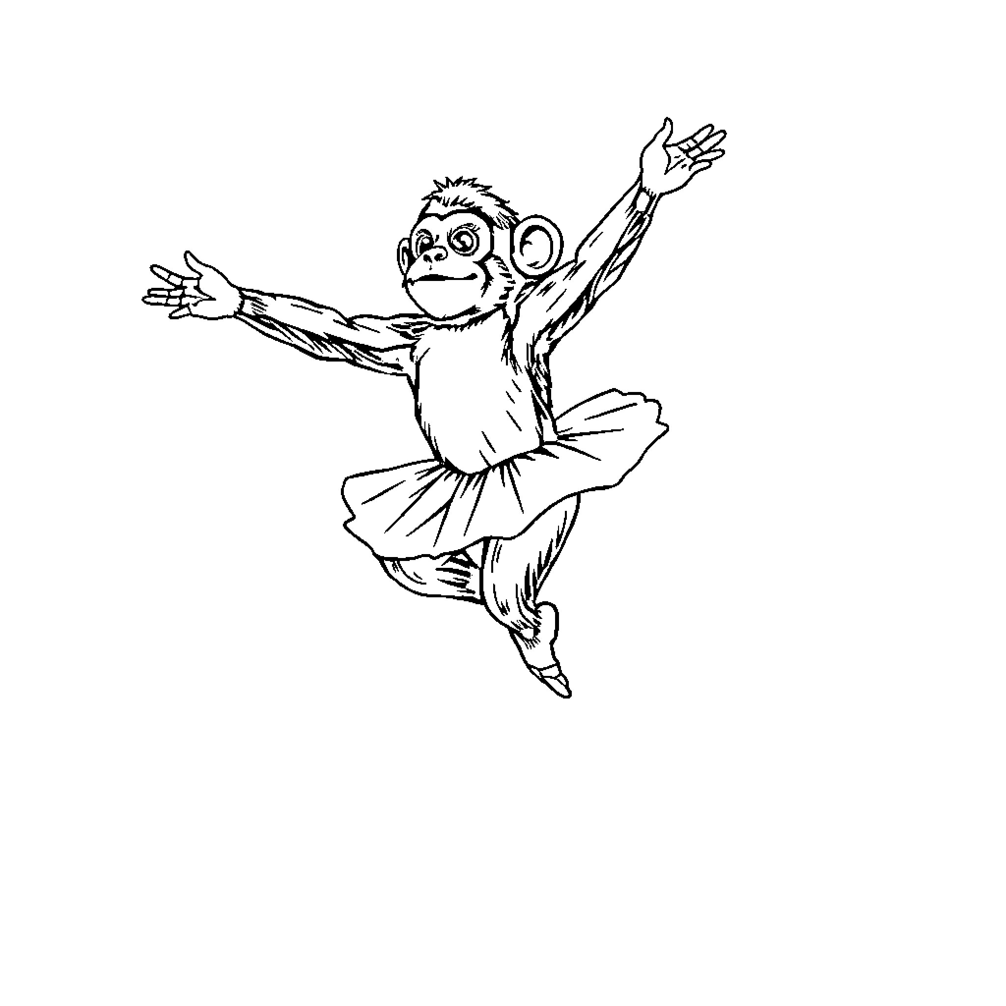 Bailarina Monkey in Whimsical Ballet Pose Coloring Page (free black-and-white line drawing printable PDF for all, from beginners to advanced learners, including children, teens, adults, and seniors)