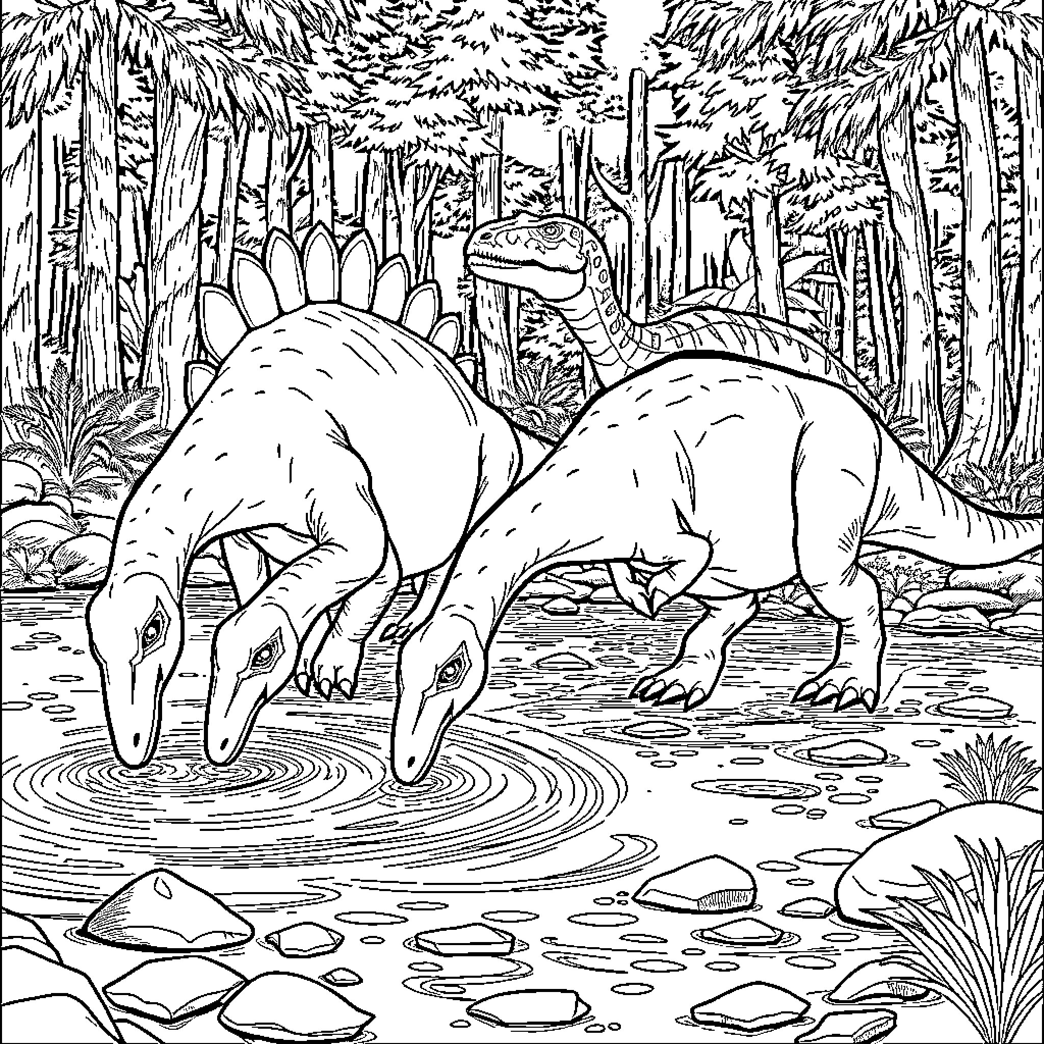 Diplodocus dinosaurs in a prehistoric forest Coloring Page (free black-and-white line drawing printable PDF for all, from beginners to advanced learners, including children, teens, adults, and seniors)
