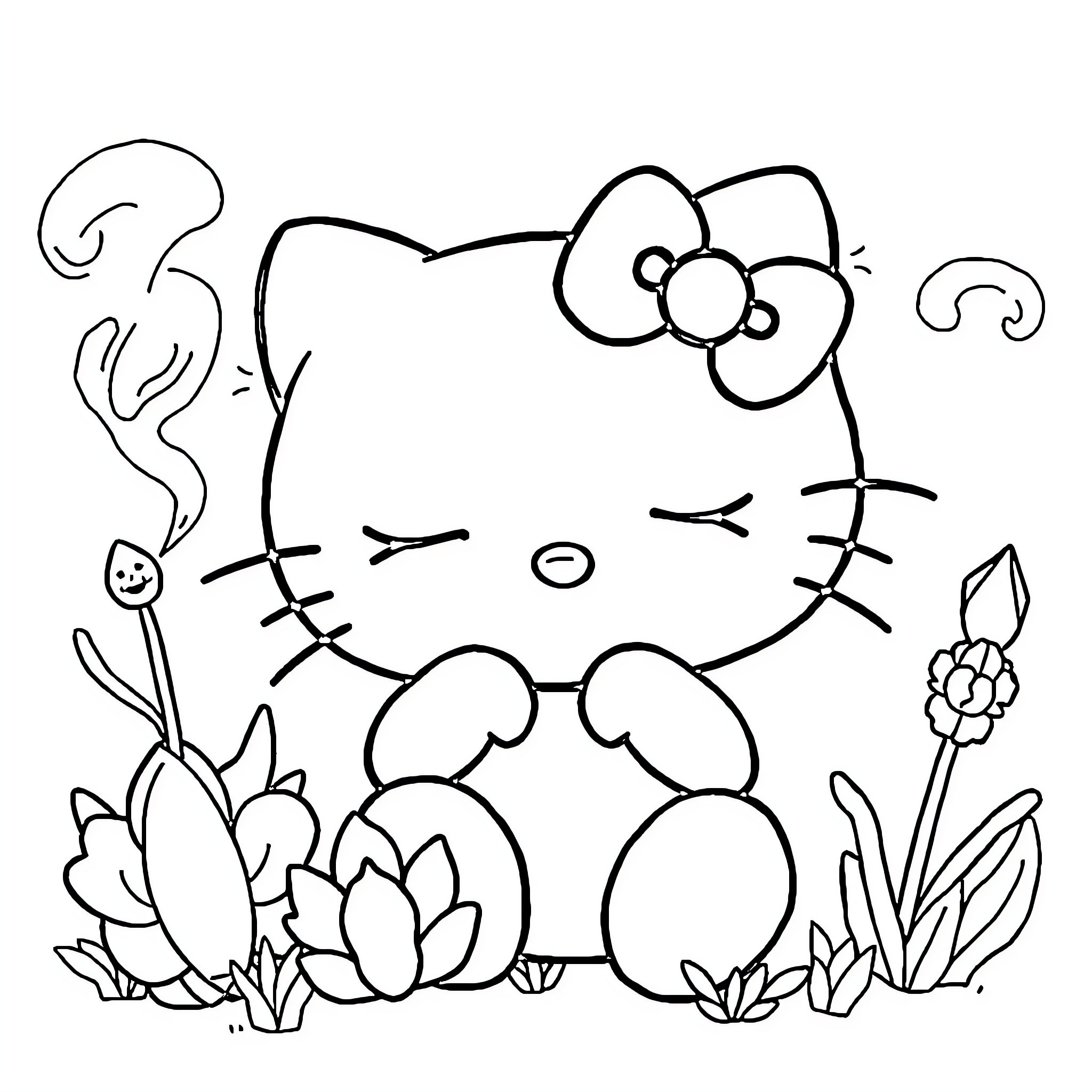 Hello Kitty playing in the garden Coloring Page (free black-and-white line drawing printable PDF for all, from beginners to advanced learners, including children, teens, adults, and seniors)
