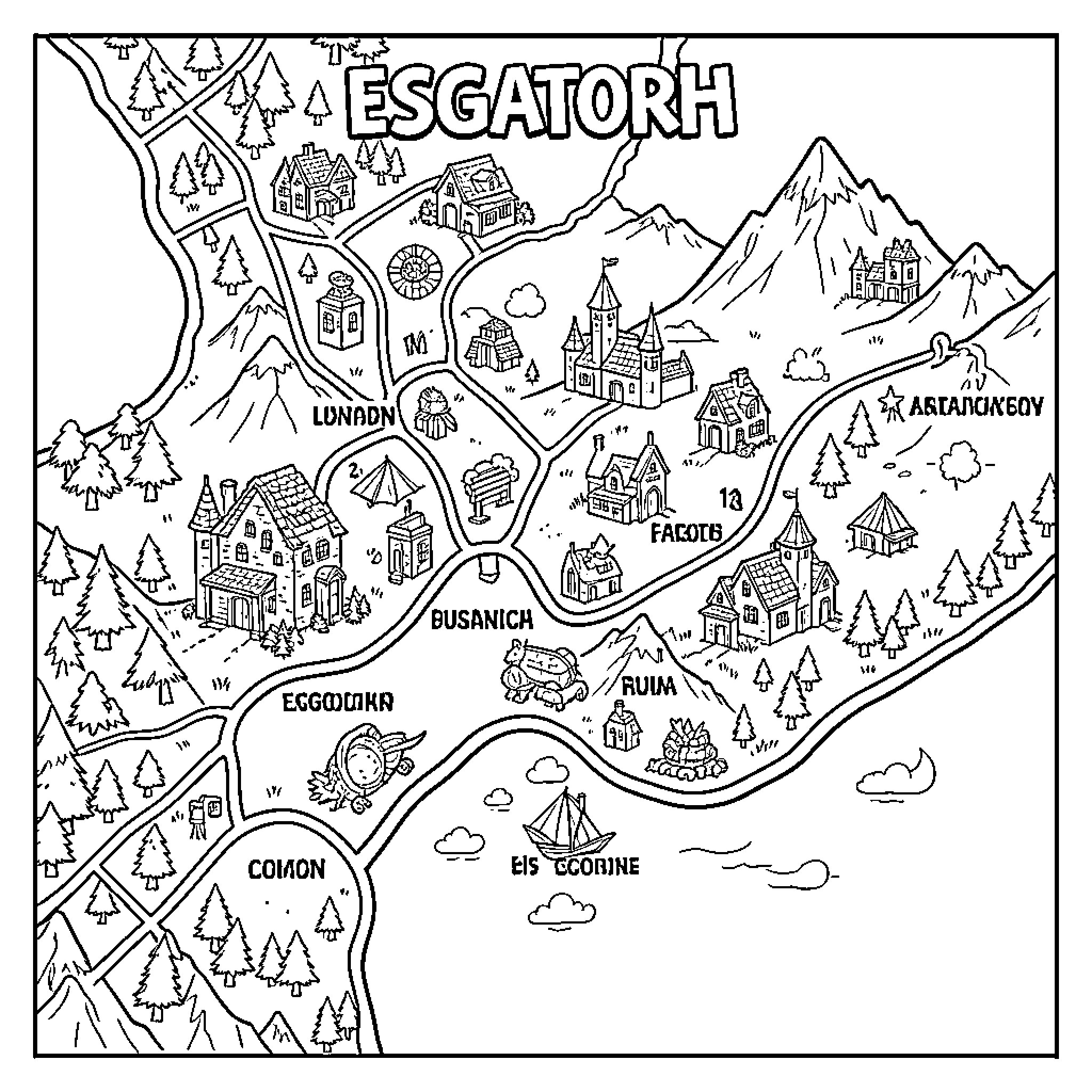 Mapa of Esgatoth, a fantastical landscape with castles, mountains, and towns Coloring Page (free black-and-white line drawing printable PDF for all, from beginners to advanced learners, including children, teens, adults, and seniors)