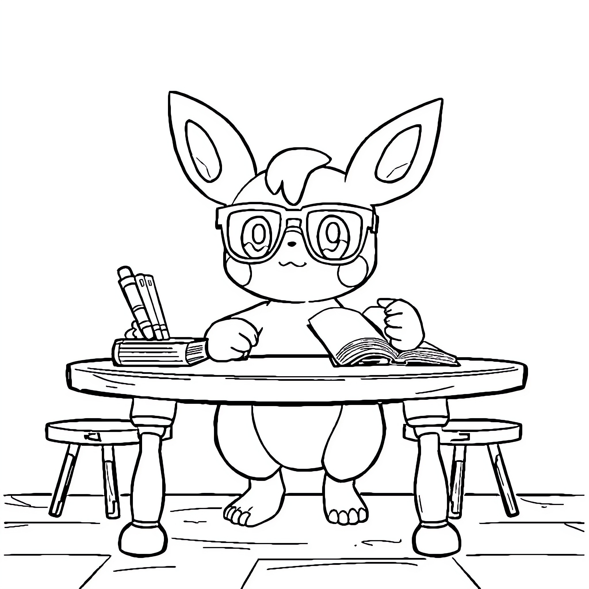 Sobble studying diligently at the desk Coloring Page (free black-and-white line drawing printable PDF for all, from beginners to advanced learners, including children, teens, adults, and seniors)