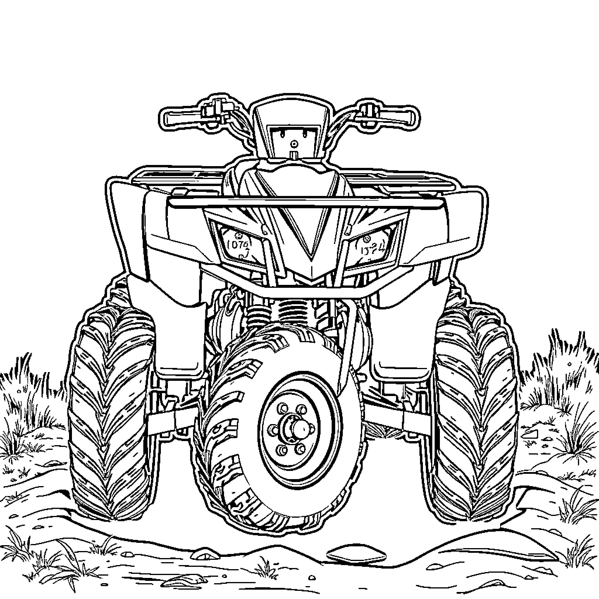 Honda TRX450ER quad bike in mud terrain Coloring Page (free black-and-white line drawing printable PDF for all, from beginners to advanced learners, including children, teens, adults, and seniors)