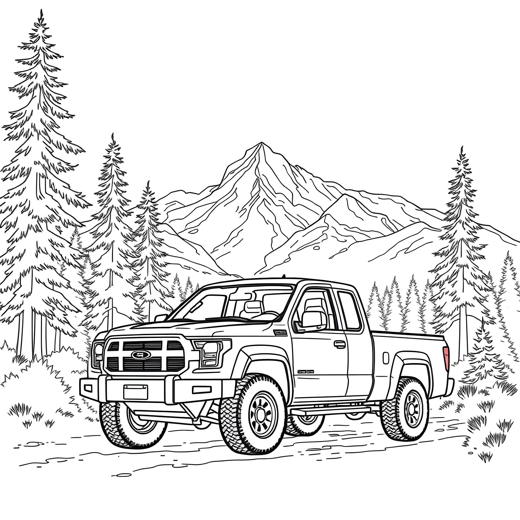 Pick Up Truck Driving on Mountain Trail Coloring Page (free black-and-white line drawing printable PDF for all, from beginners to advanced learners, including children, teens, adults, and seniors)