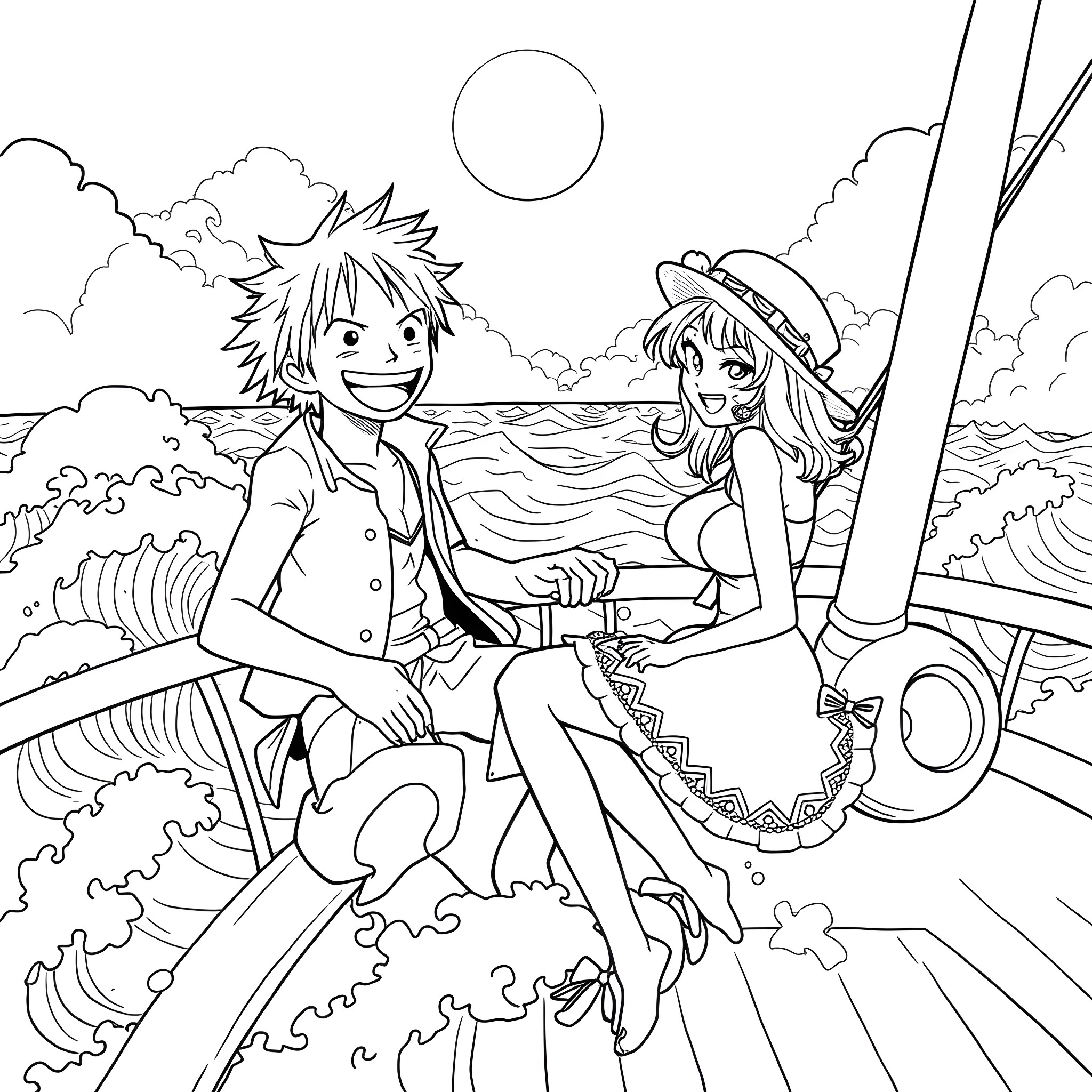 Luffy and Nami enjoying a day at the beach Coloring Page (free black-and-white line drawing printable PDF for all, from beginners to advanced learners, including children, teens, adults, and seniors)