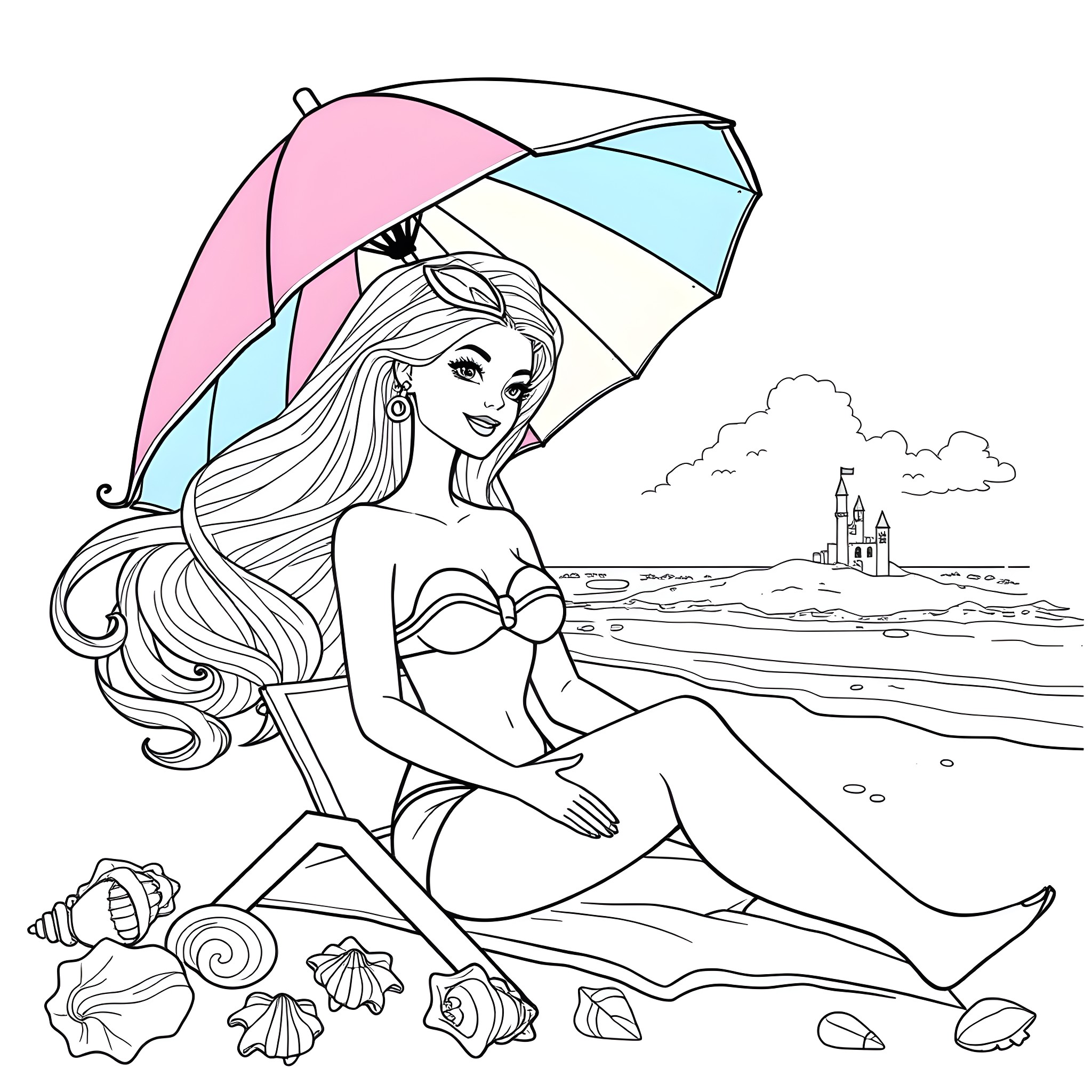 Barbie relaxing on the beach with a colorful umbrella Coloring Page (free black-and-white line drawing printable PDF for all, from beginners to advanced learners, including children, teens, adults, and seniors)