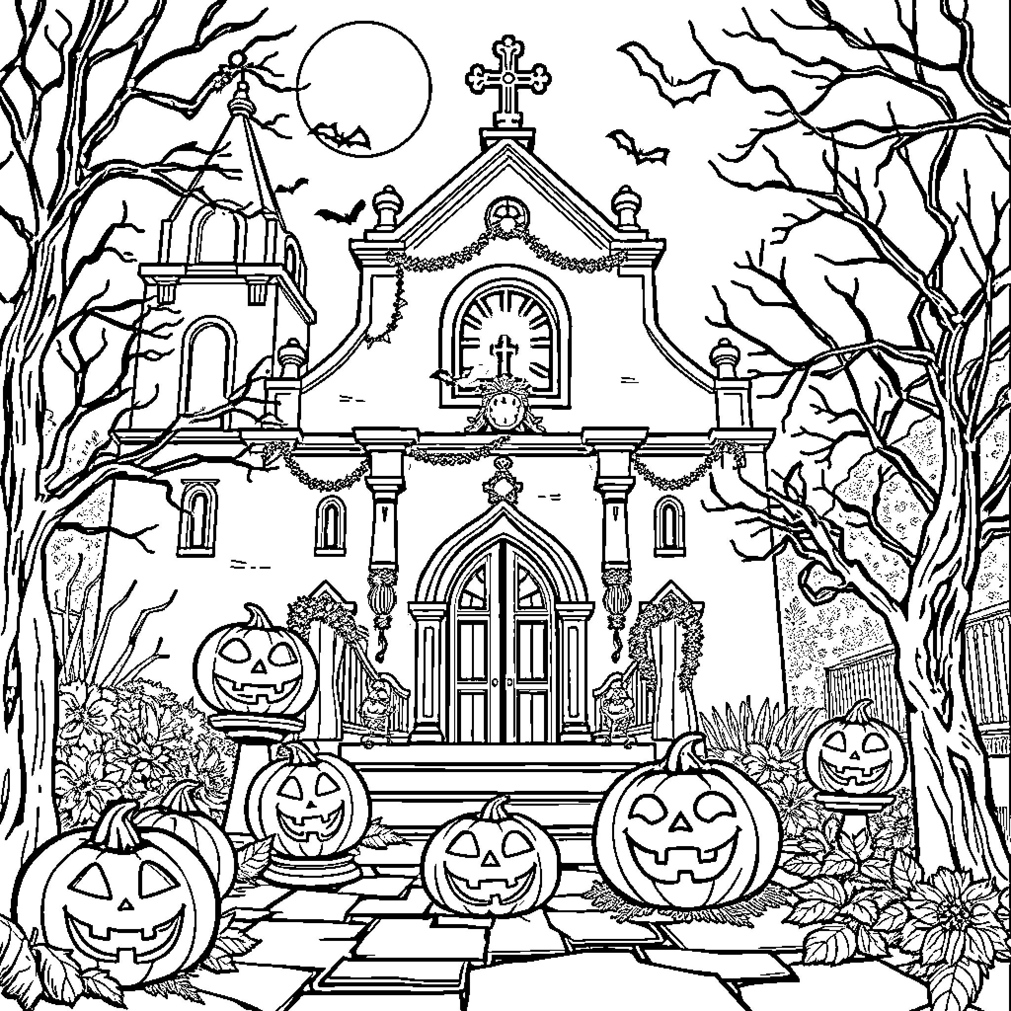 Santiago's Haunted Halloween Church and Pumpkins Coloring Page (free black-and-white line drawing printable PDF for all, from beginners to advanced learners, including children, teens, adults, and seniors)