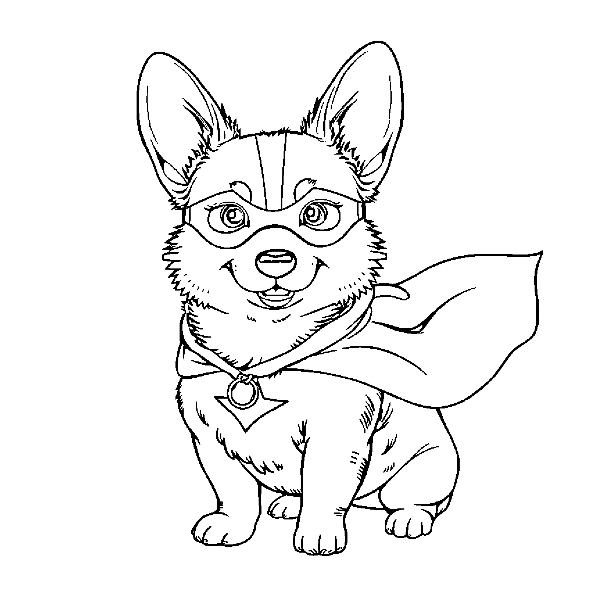 Corgi wearing a superhero cape and mask Coloring Page (free black-and-white line drawing printable PDF for all, from beginners to advanced learners, including children, teens, adults, and seniors)