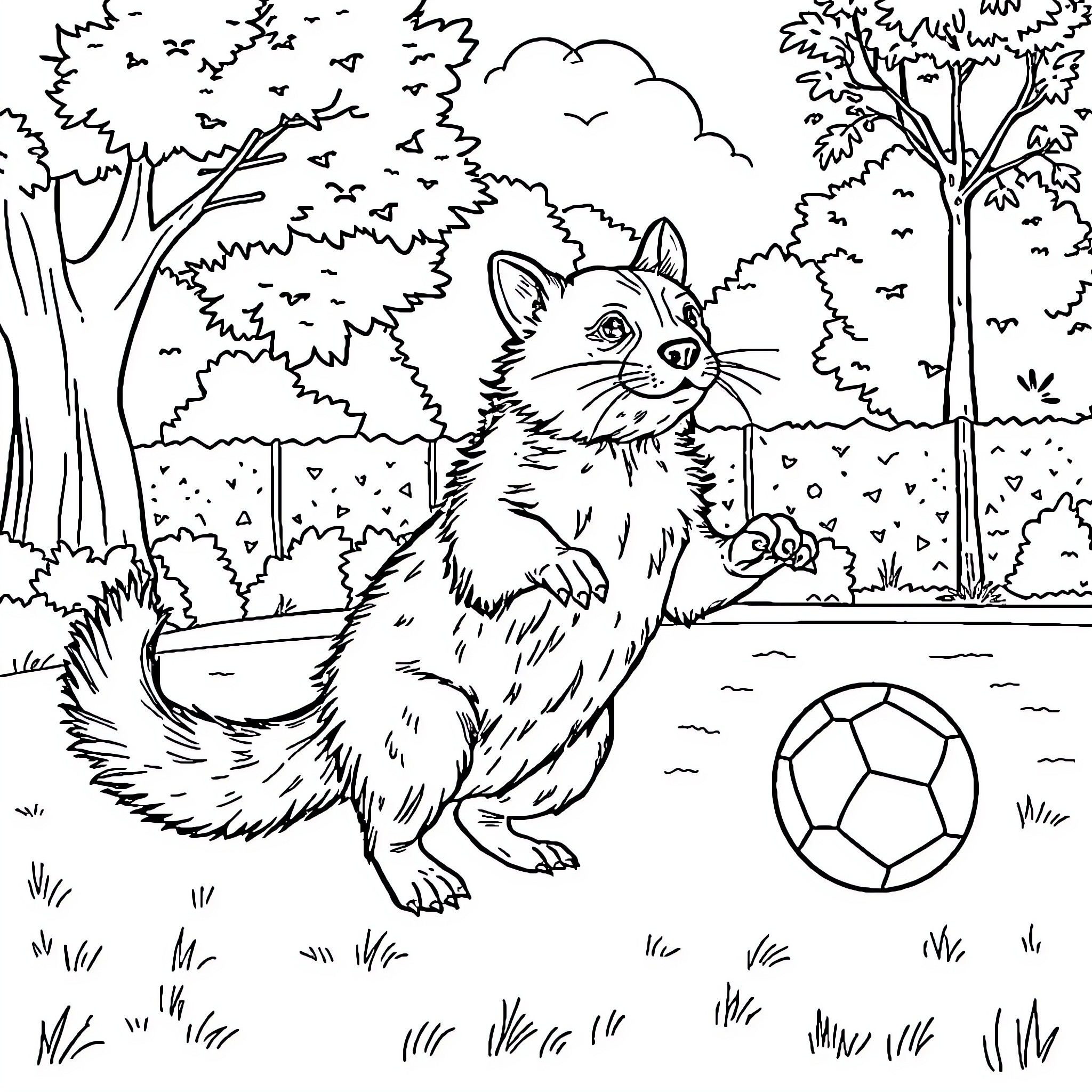 Perro jugando con pelota en el parque Coloring Page (free black-and-white line drawing printable PDF for all, from beginners to advanced learners, including children, teens, adults, and seniors)