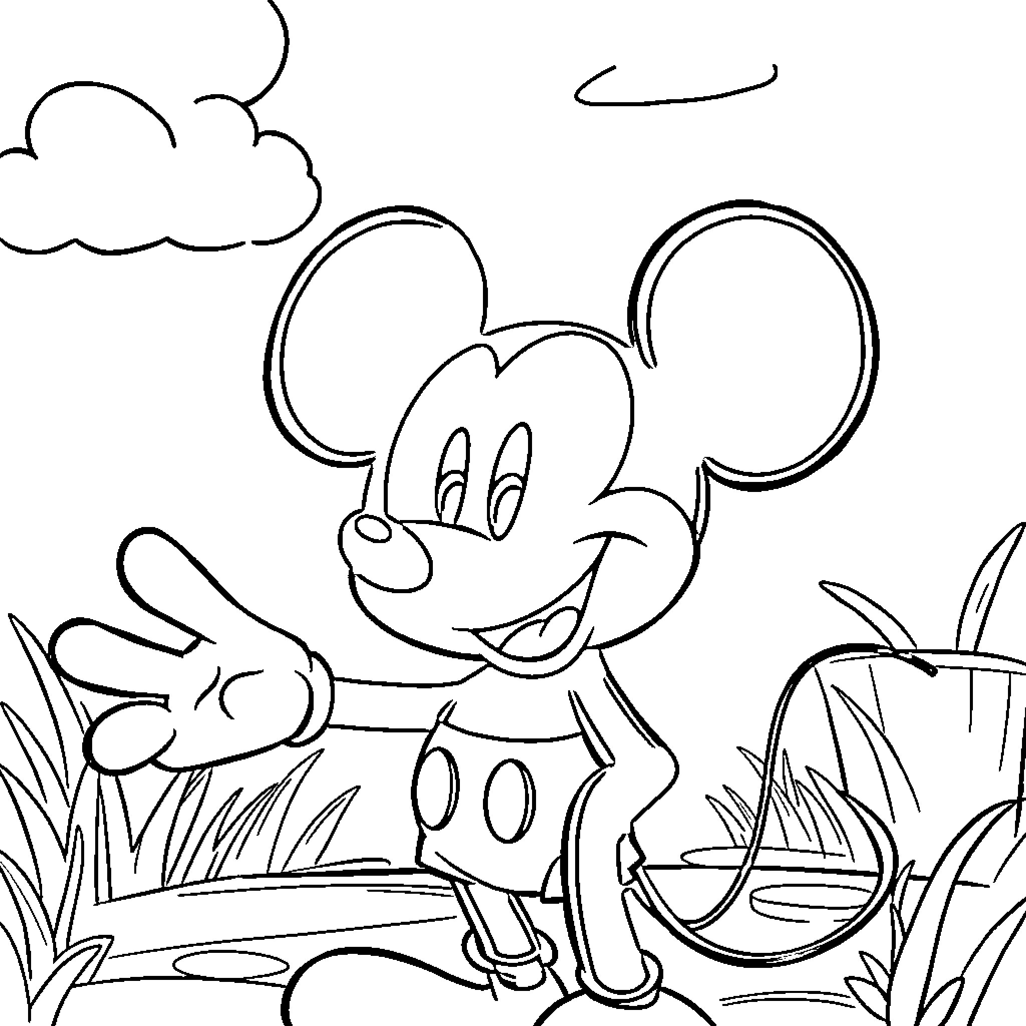 Mickey's Joyful Outdoor Adventure Coloring Page (free black-and-white line drawing printable PDF for all, from beginners to advanced learners, including children, teens, adults, and seniors)