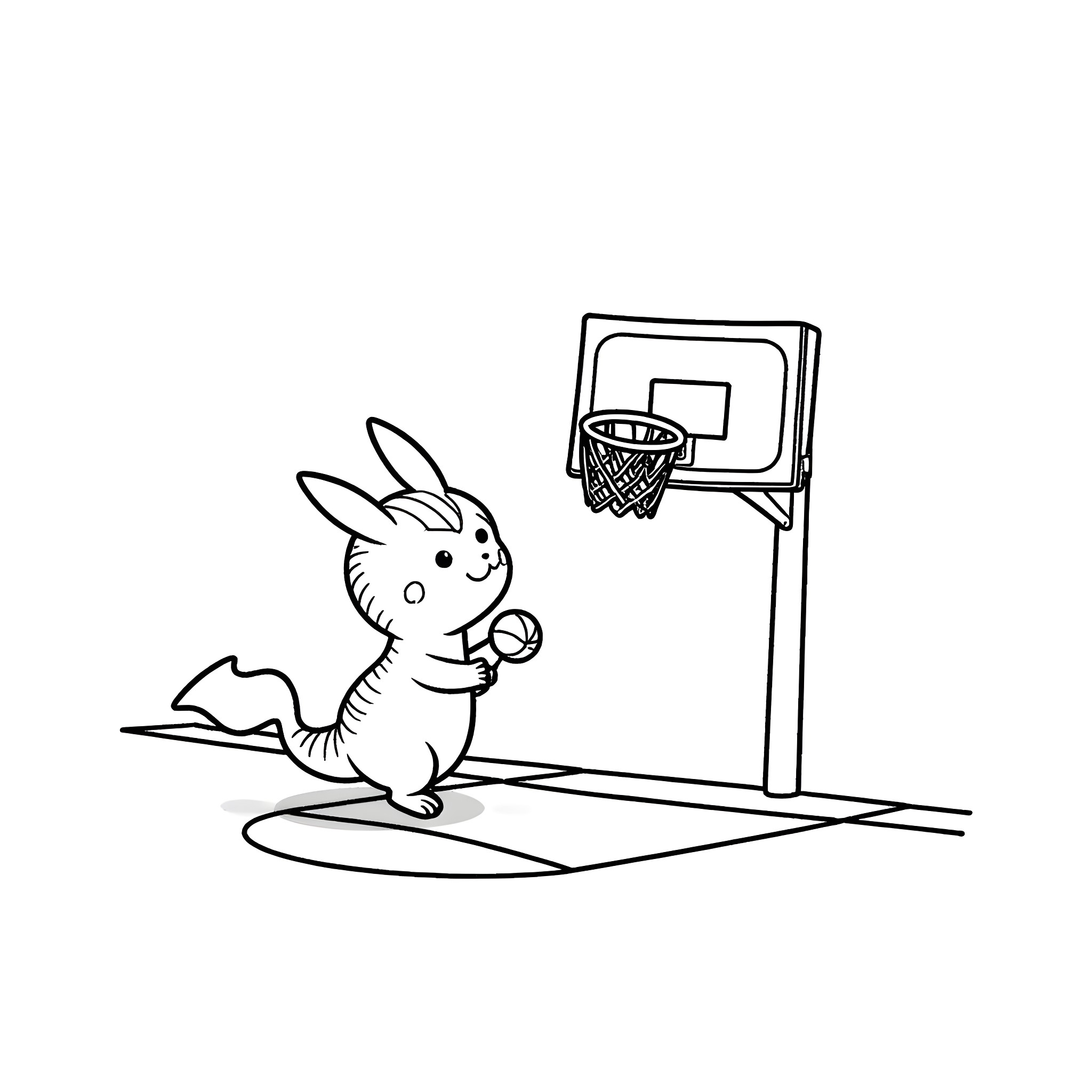 Zarizart Rabbit Playing Basketball Coloring Page (free black-and-white line drawing printable PDF for all, from beginners to advanced learners, including children, teens, adults, and seniors)