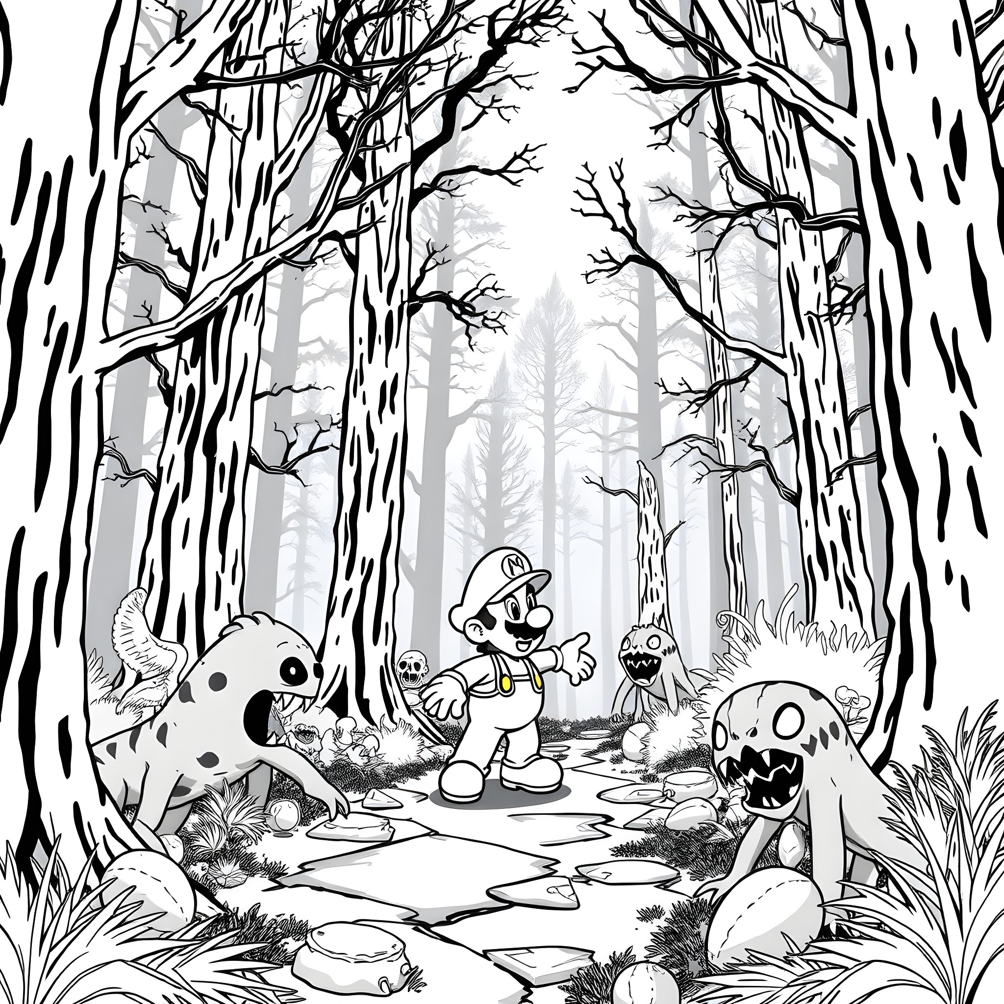 Mario's Enchanted Forest Adventure Coloring Page (free black-and-white line drawing printable PDF for all, from beginners to advanced learners, including children, teens, adults, and seniors)