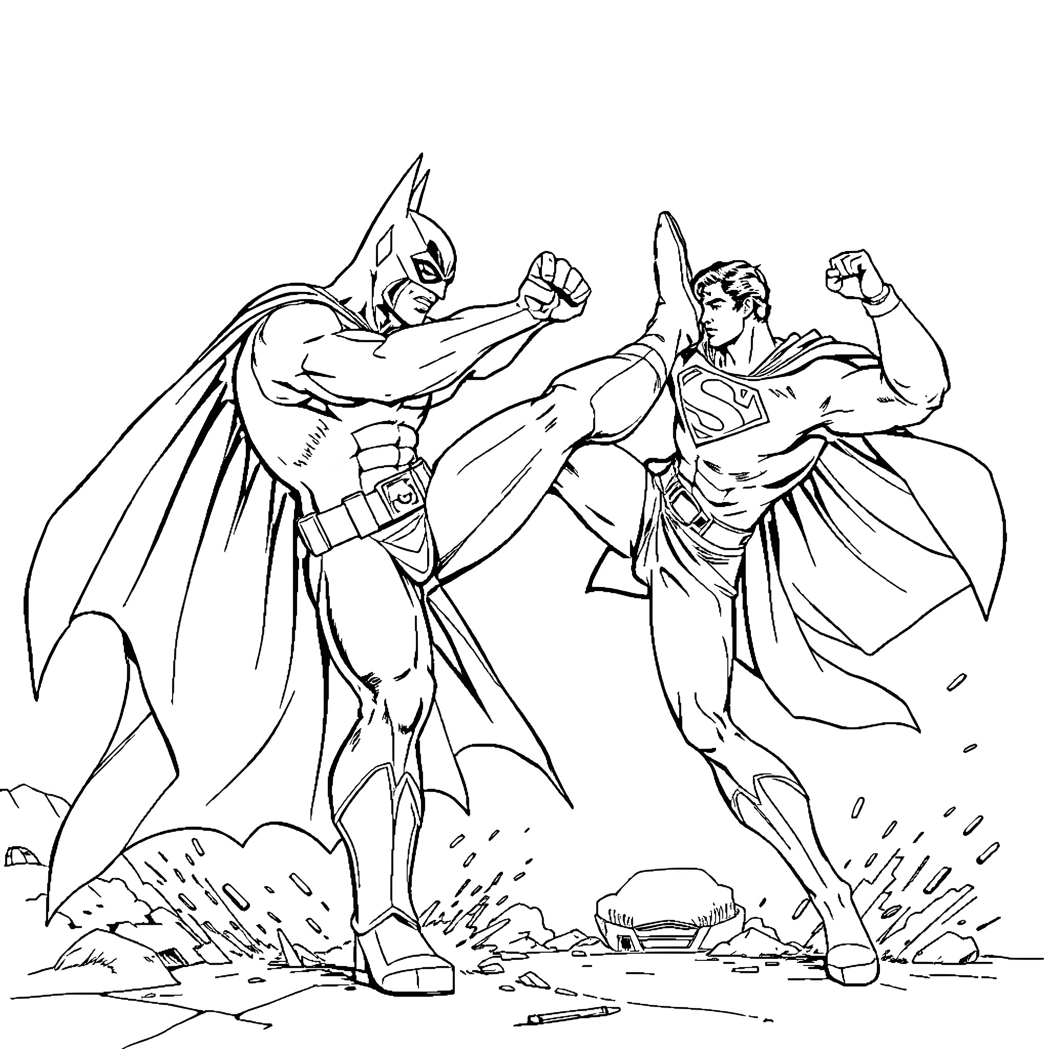 Batman and Superman engage in epic battle Coloring Page (free black-and-white line drawing printable PDF for all, from beginners to advanced learners, including children, teens, adults, and seniors)