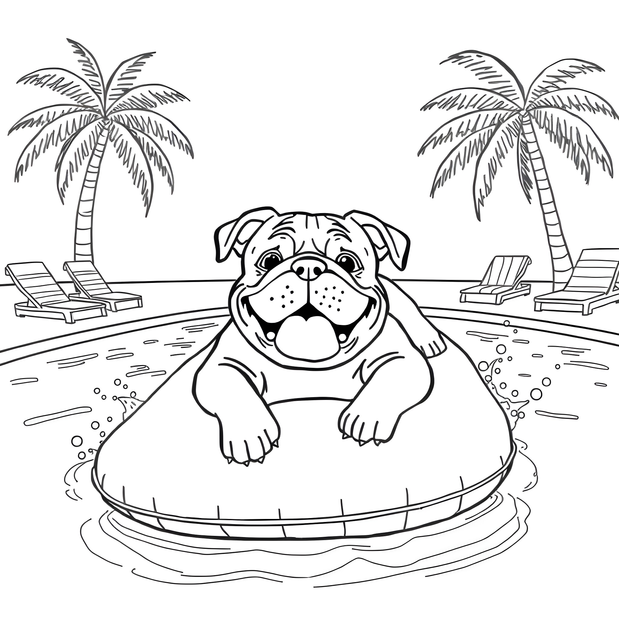 Bulldog relaxing in pool on tropical beach Coloring Page (free black-and-white line drawing printable PDF for all, from beginners to advanced learners, including children, teens, adults, and seniors)