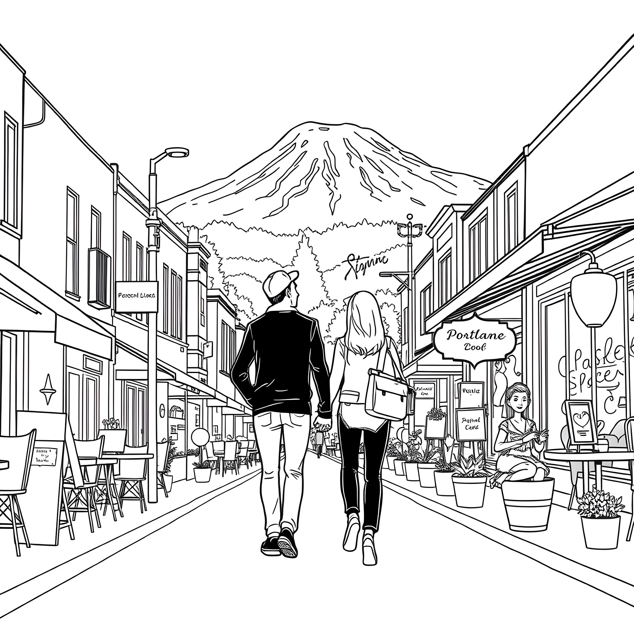 Couple walking through the city streets Coloring Page (free black-and-white line drawing printable PDF for all, from beginners to advanced learners, including children, teens, adults, and seniors)