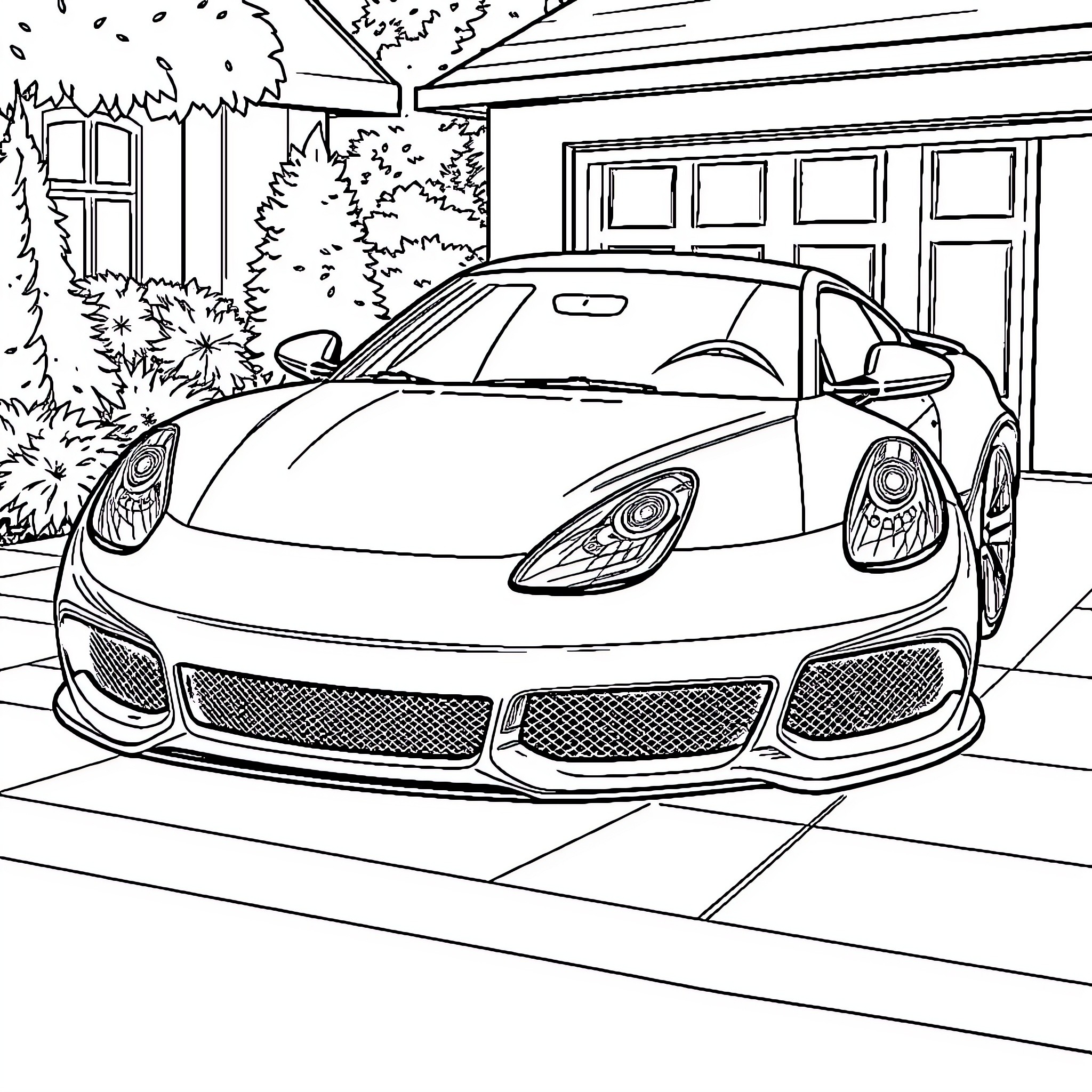 Car parked in driveway with nature scenery Coloring Page (free black-and-white line drawing printable PDF for all, from beginners to advanced learners, including children, teens, adults, and seniors)