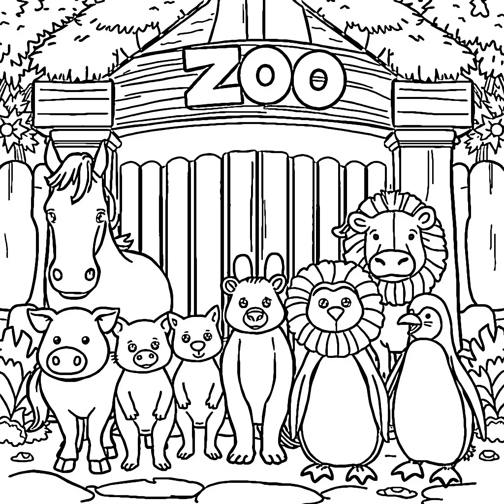 Animal Zoo with Various Creatures Coloring Page (free black-and-white line drawing printable PDF for all, from beginners to advanced learners, including children, teens, adults, and seniors)