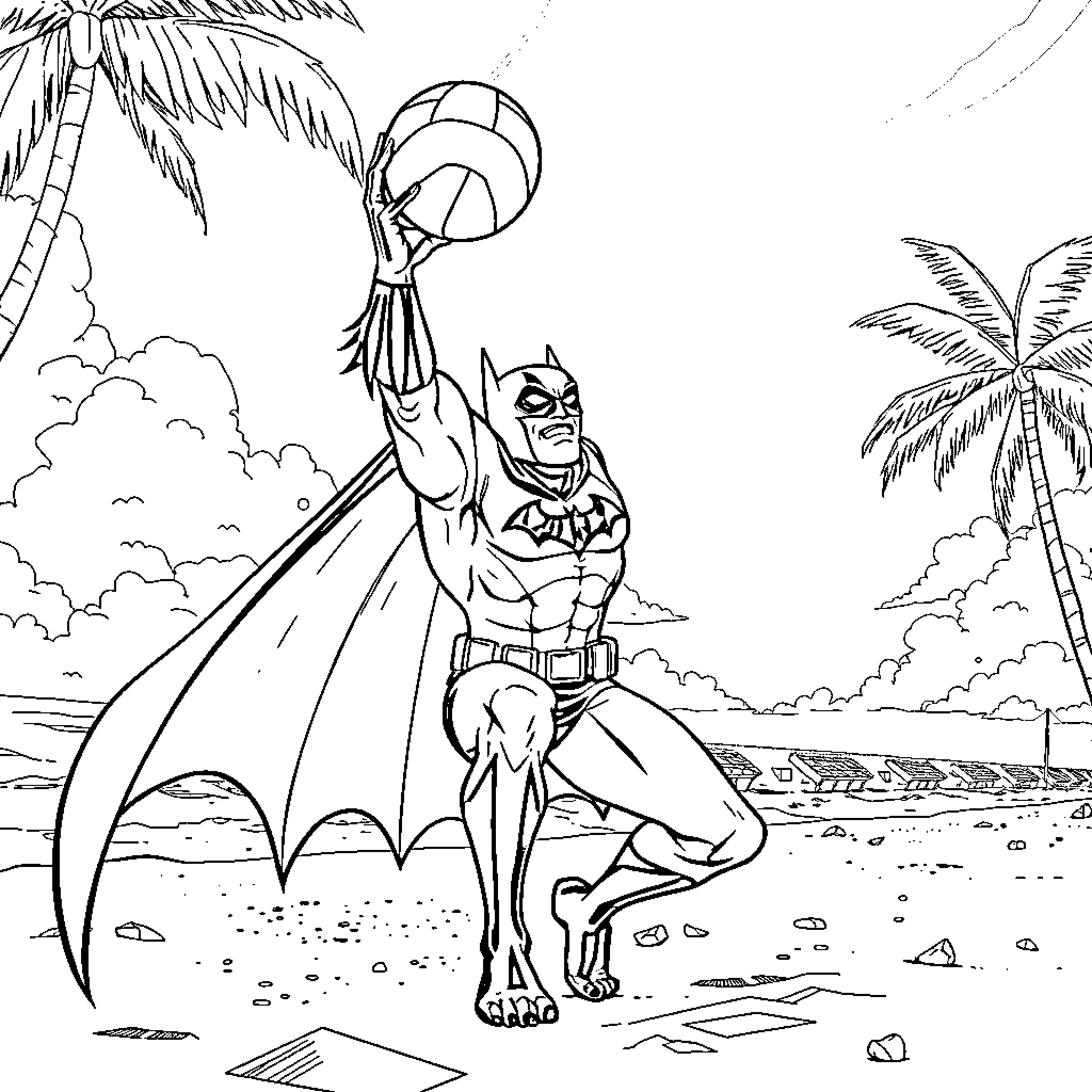 Batman in action on a tropical beach Coloring Page (free black-and-white line drawing printable PDF for all, from beginners to advanced learners, including children, teens, adults, and seniors)